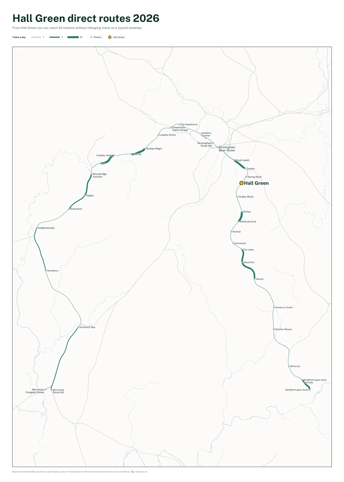Hall Green direct routes 2026: a map of every station you can reach from Hall Green without changing trains, the lines thicker where more trains run