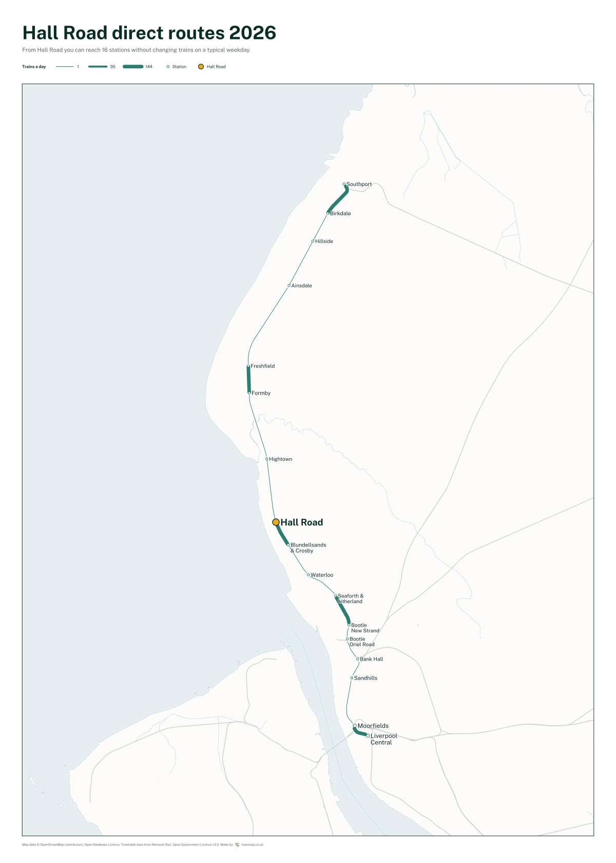 Hall Road direct routes 2026: a map of every station you can reach from Hall Road without changing trains, the lines thicker where more trains run