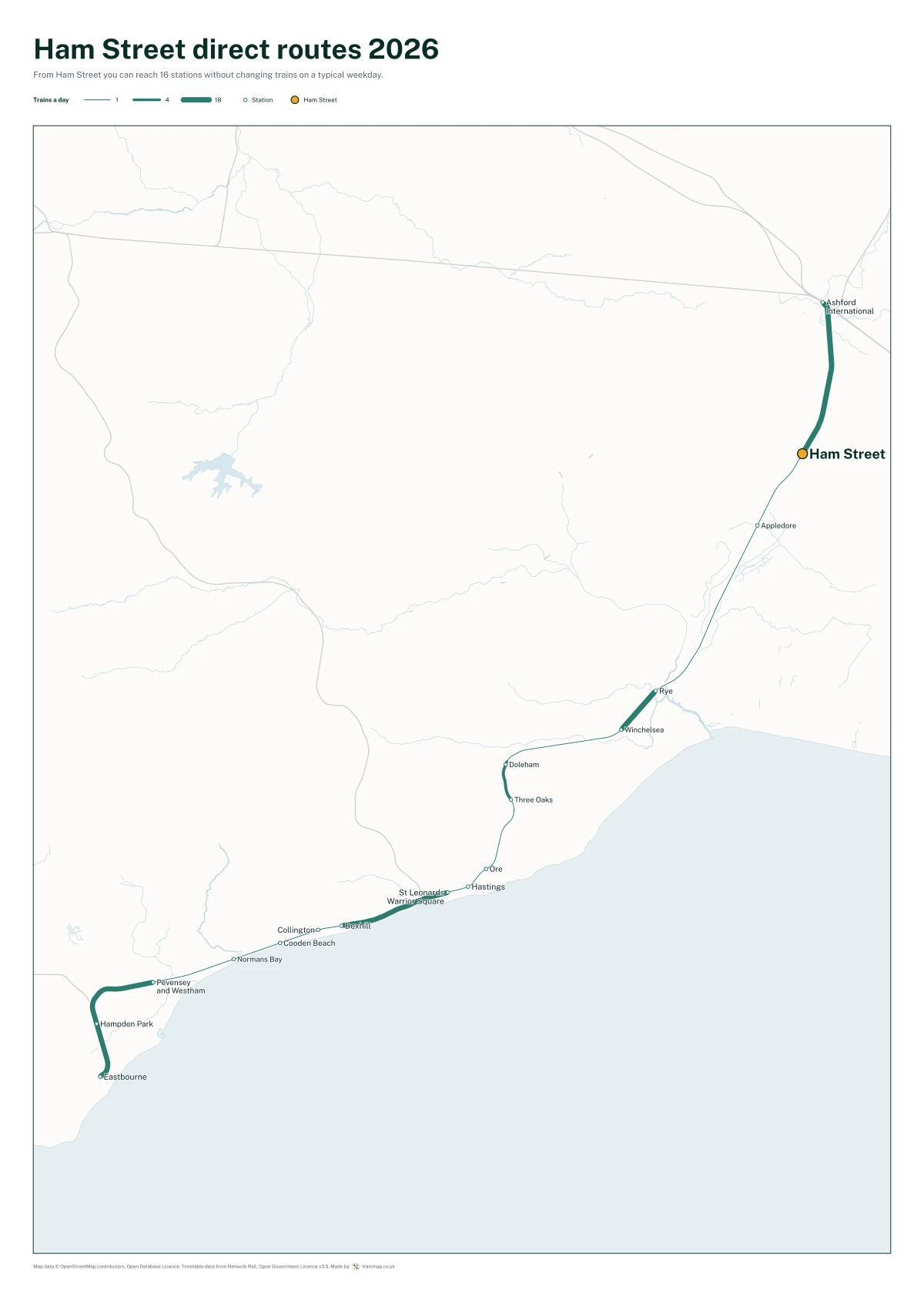 Ham Street direct routes 2026: a map of every station you can reach from Ham Street without changing trains, the lines thicker where more trains run