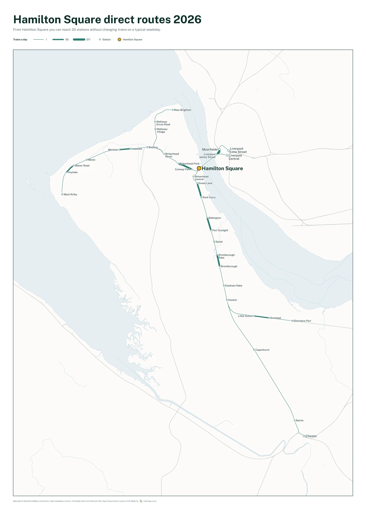Hamilton Square direct routes 2026: a map of every station you can reach from Hamilton Square without changing trains, the lines thicker where more trains run