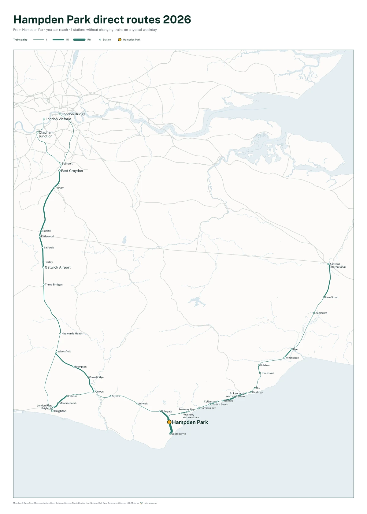 Hampden Park direct routes 2026: a map of every station you can reach from Hampden Park without changing trains, the lines thicker where more trains run
