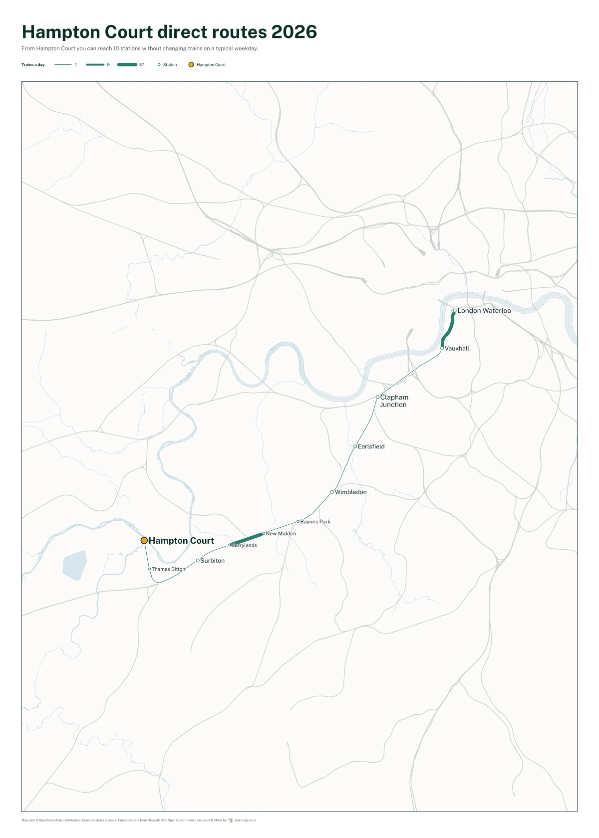 Hampton Court direct routes 2026: a map of every station you can reach from Hampton Court without changing trains, the lines thicker where more trains run