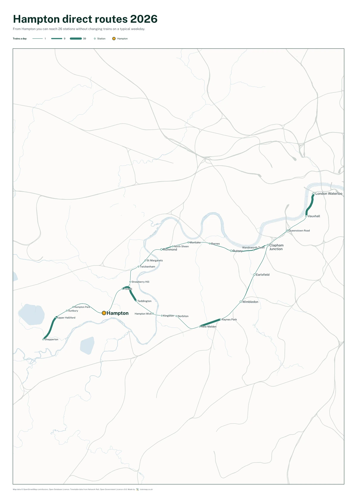 Hampton direct routes 2026: a map of every station you can reach from Hampton without changing trains, the lines thicker where more trains run