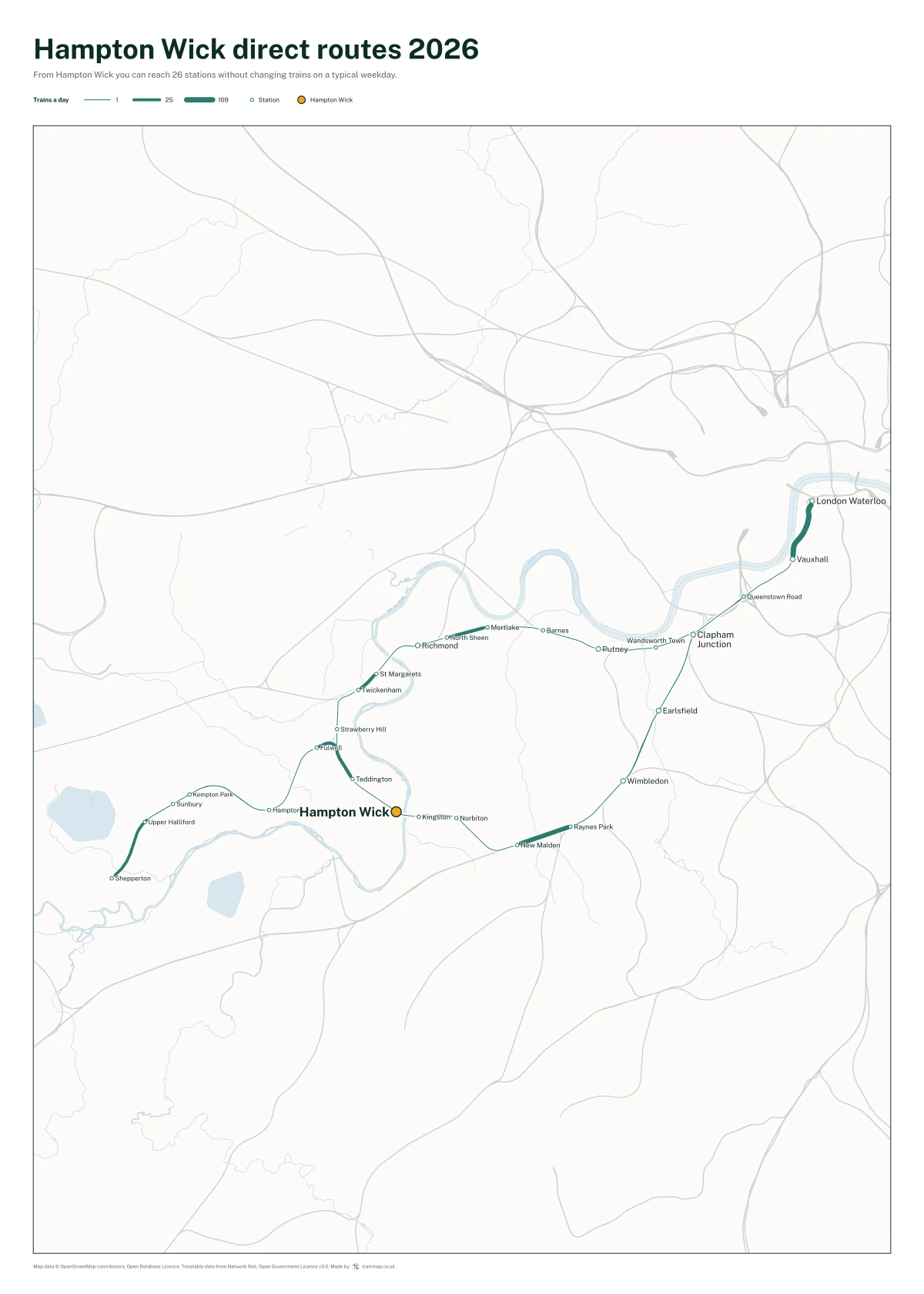 Hampton Wick direct routes 2026: a map of every station you can reach from Hampton Wick without changing trains, the lines thicker where more trains run