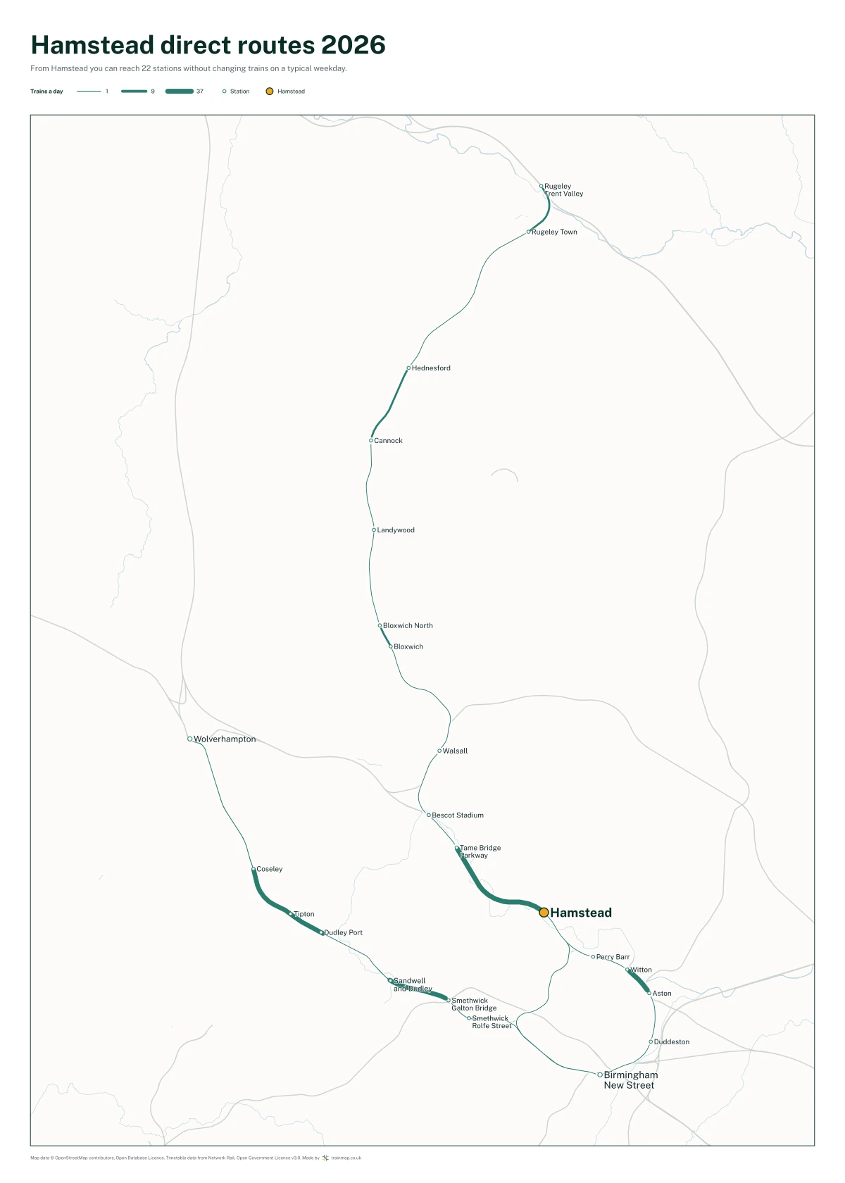 Hamstead direct routes 2026: a map of every station you can reach from Hamstead without changing trains, the lines thicker where more trains run