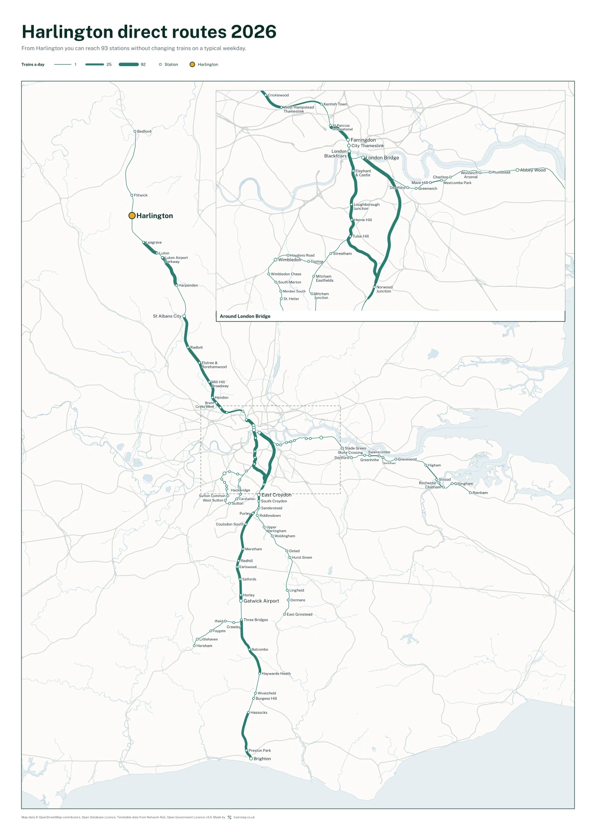 Harlington direct routes 2026: a map of every station you can reach from Harlington without changing trains, the lines thicker where more trains run