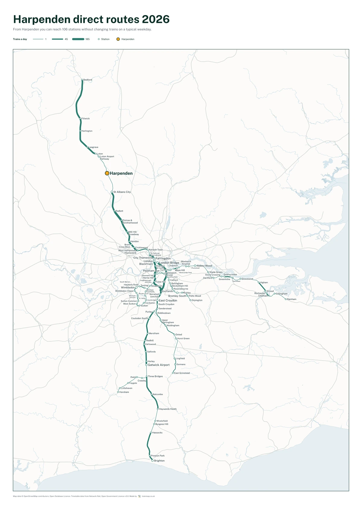Harpenden direct routes 2026: a map of every station you can reach from Harpenden without changing trains, the lines thicker where more trains run