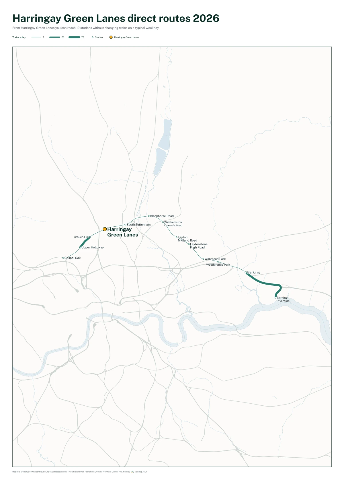 Harringay Green Lanes direct routes 2026: a map of every station you can reach from Harringay Green Lanes without changing trains, the lines thicker where more trains run