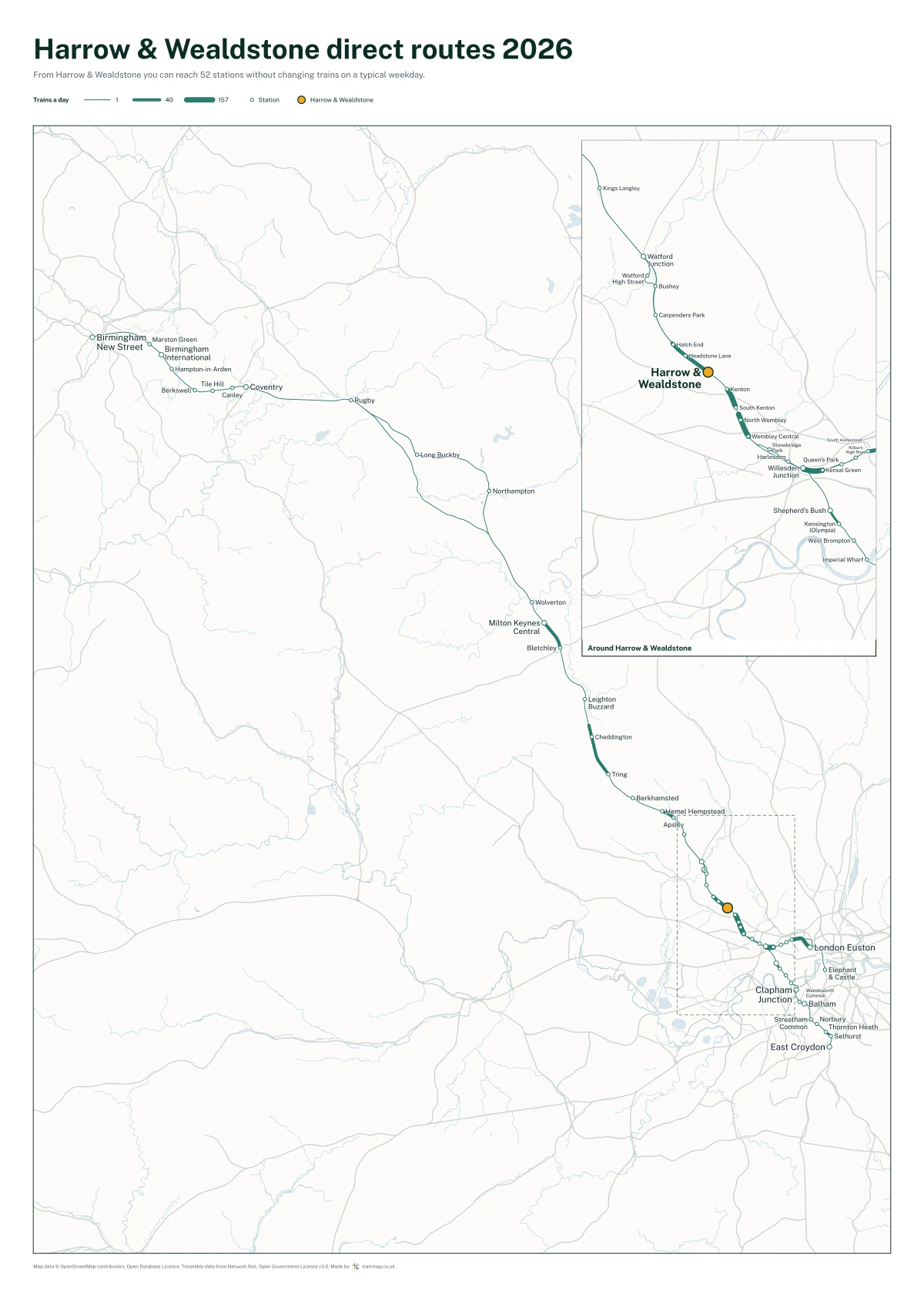 Harrow & Wealdstone direct routes 2026: a map of every station you can reach from Harrow & Wealdstone without changing trains, the lines thicker where more trains run