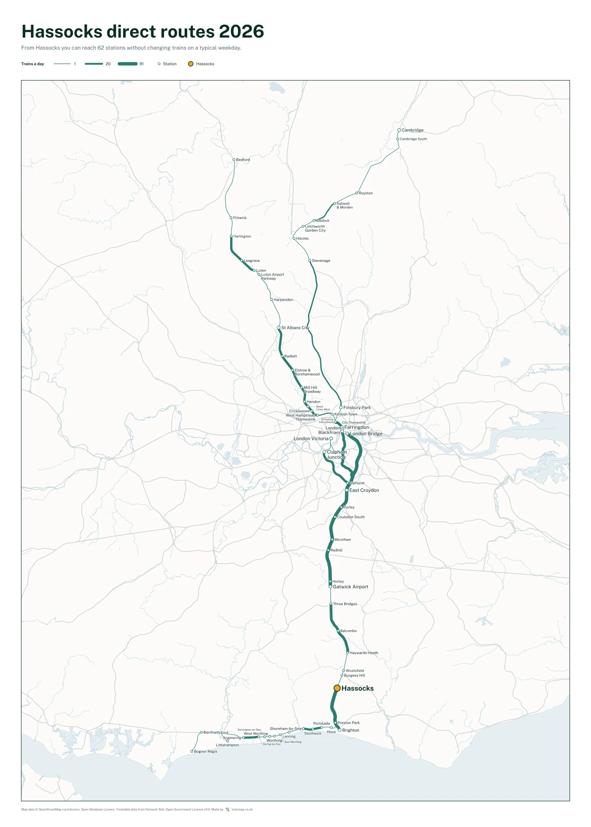 Hassocks direct routes 2026: a map of every station you can reach from Hassocks without changing trains, the lines thicker where more trains run