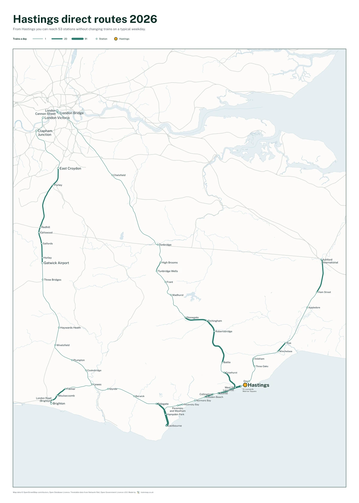 Hastings direct routes 2026: a map of every station you can reach from Hastings without changing trains, the lines thicker where more trains run