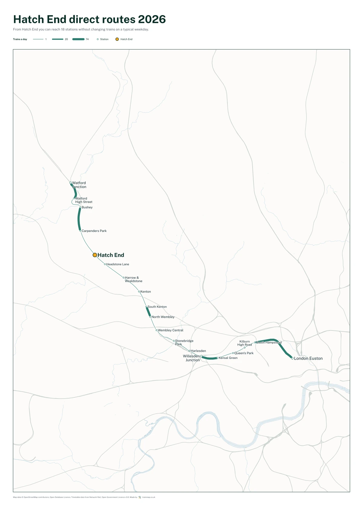 Hatch End direct routes 2026: a map of every station you can reach from Hatch End without changing trains, the lines thicker where more trains run