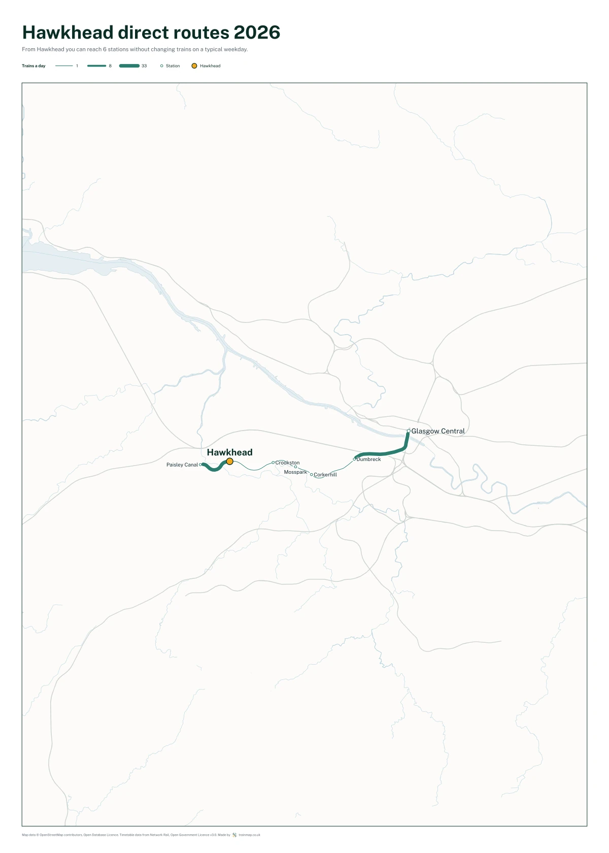 Hawkhead direct routes 2026: a map of every station you can reach from Hawkhead without changing trains, the lines thicker where more trains run