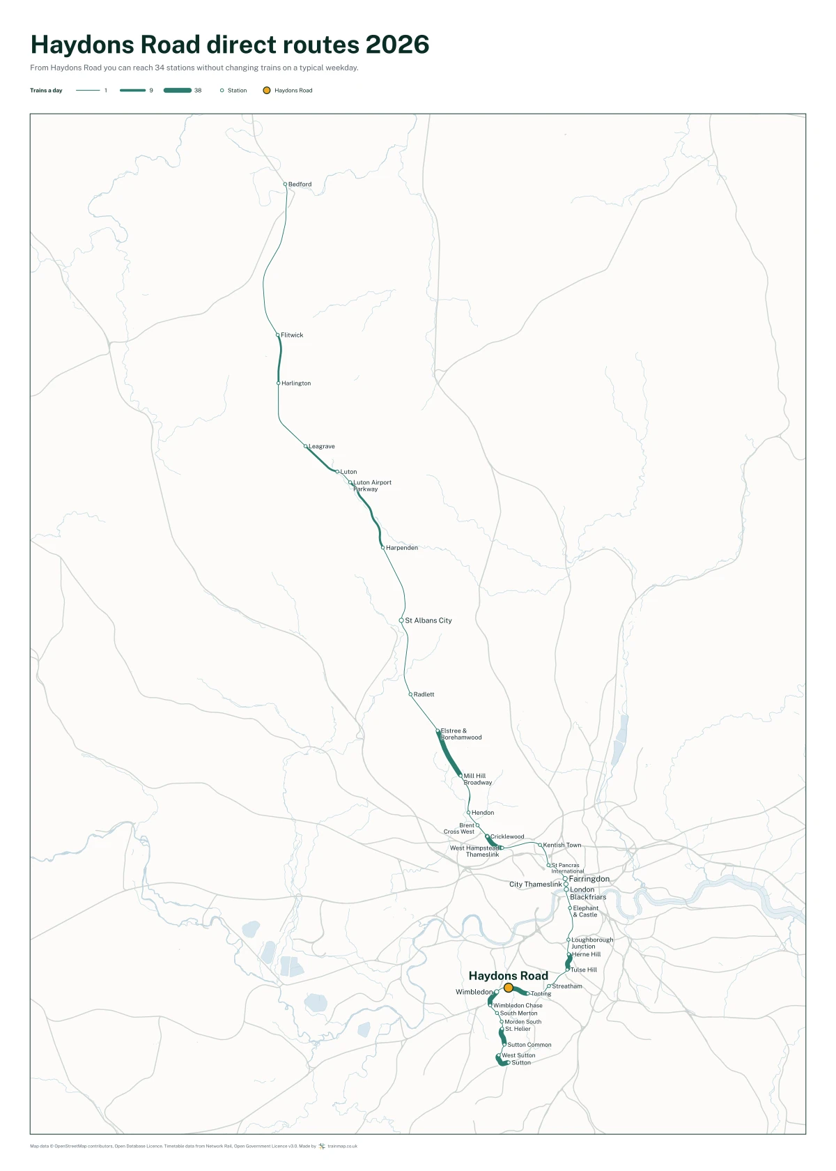 Haydons Road direct routes 2026: a map of every station you can reach from Haydons Road without changing trains, the lines thicker where more trains run
