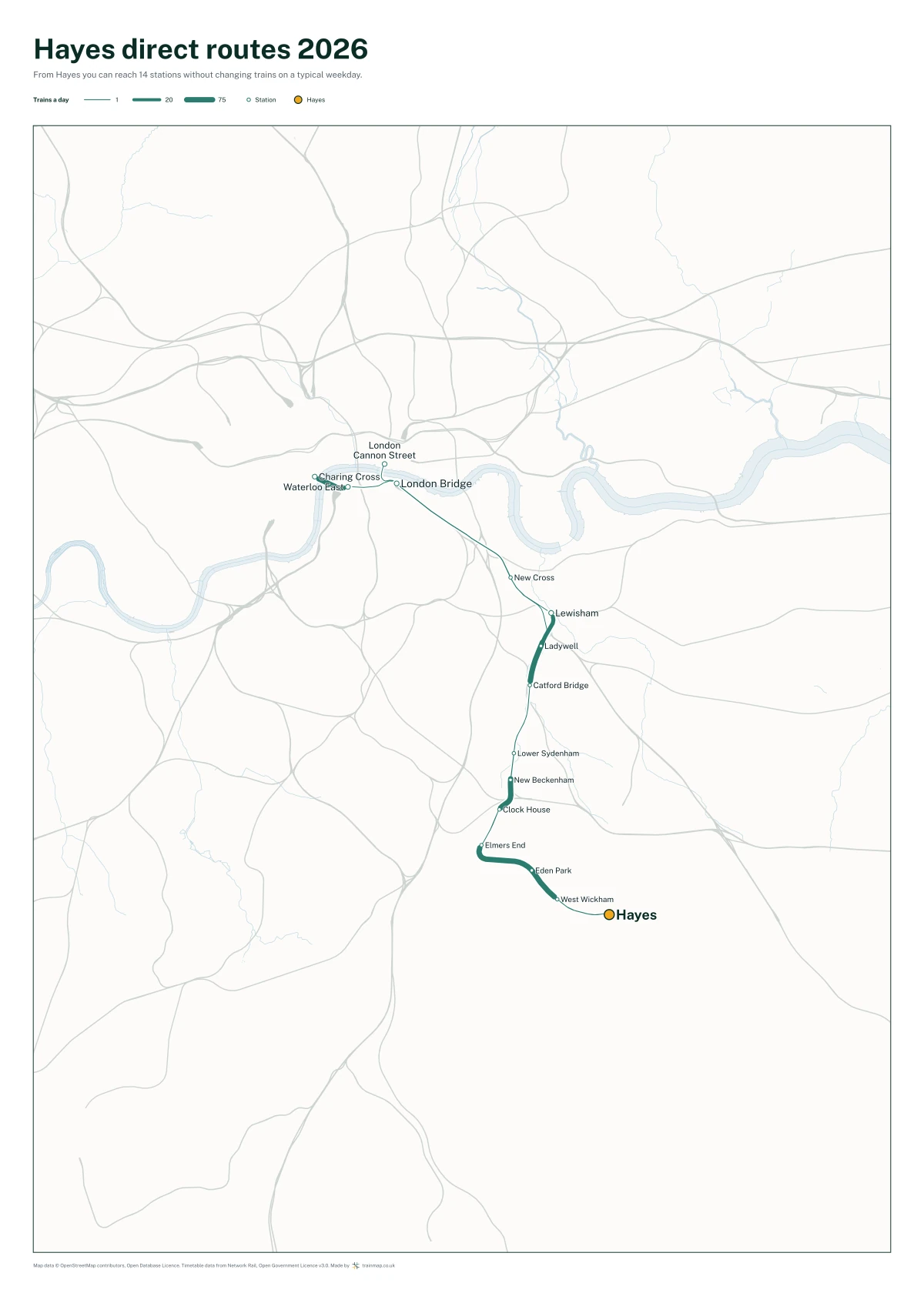Hayes direct routes 2026: a map of every station you can reach from Hayes without changing trains, the lines thicker where more trains run