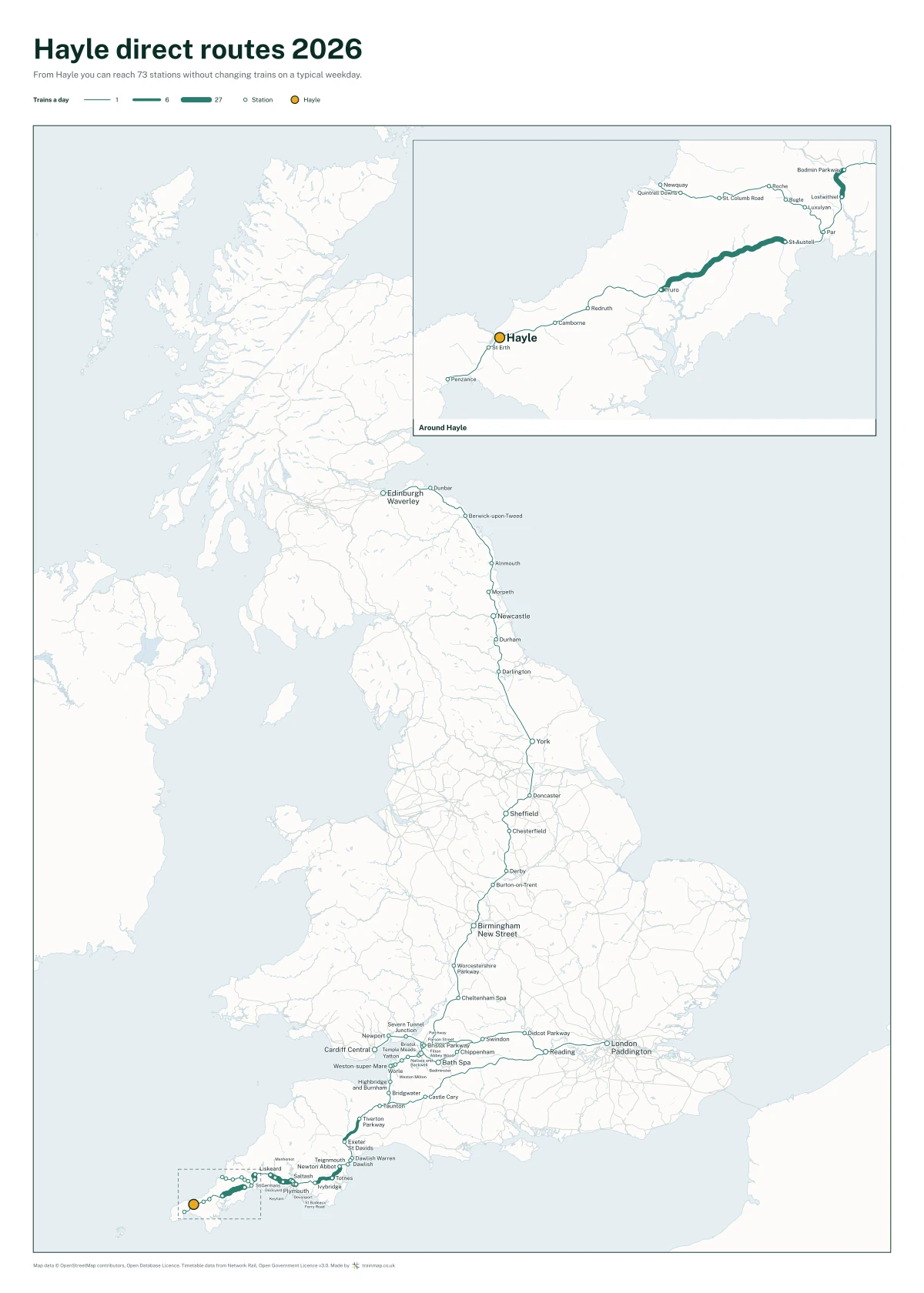 Hayle direct routes 2026: a map of every station you can reach from Hayle without changing trains, the lines thicker where more trains run