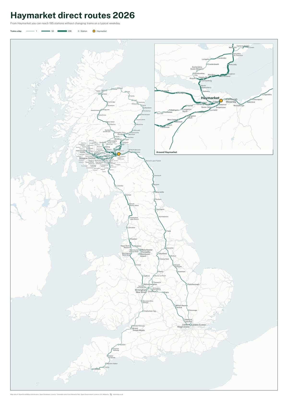 Haymarket direct routes 2026: a map of every station you can reach from Haymarket without changing trains, the lines thicker where more trains run