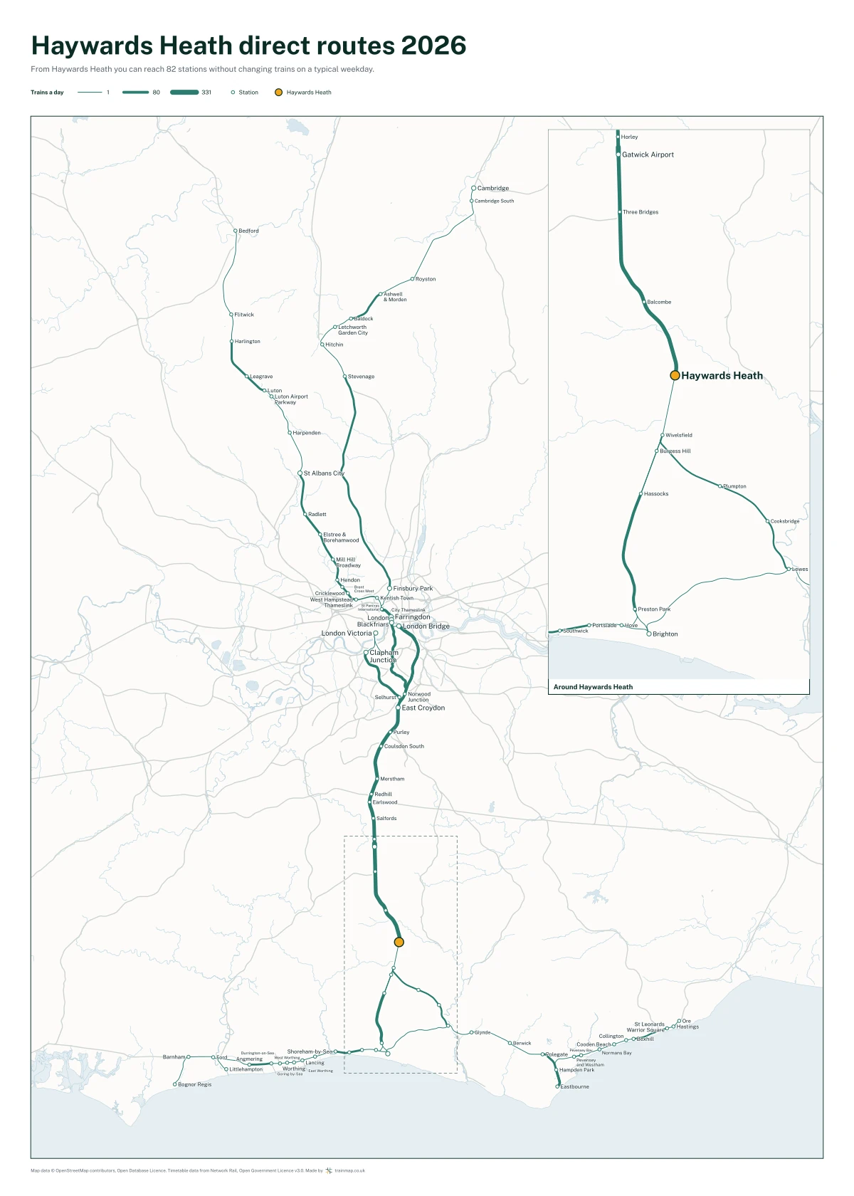 Haywards Heath direct routes 2026: a map of every station you can reach from Haywards Heath without changing trains, the lines thicker where more trains run