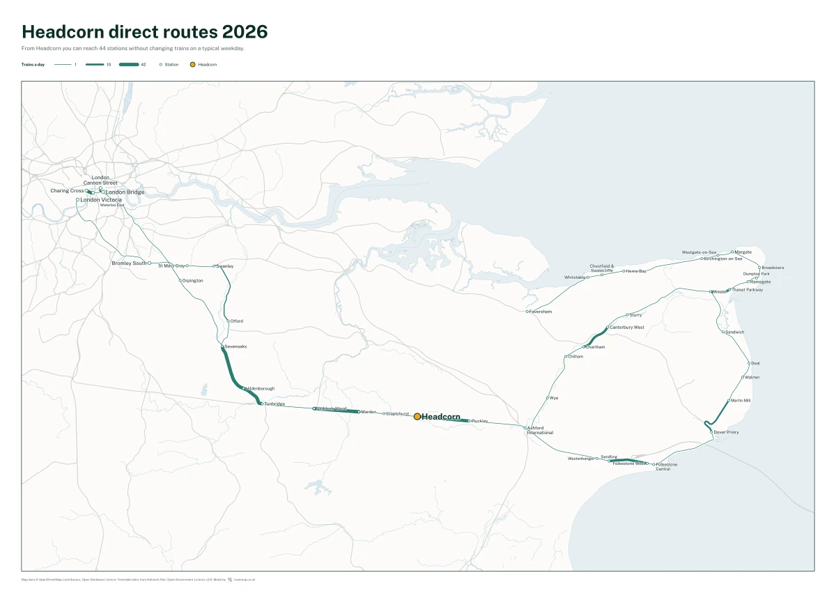 Headcorn direct routes 2026: a map of every station you can reach from Headcorn without changing trains, the lines thicker where more trains run