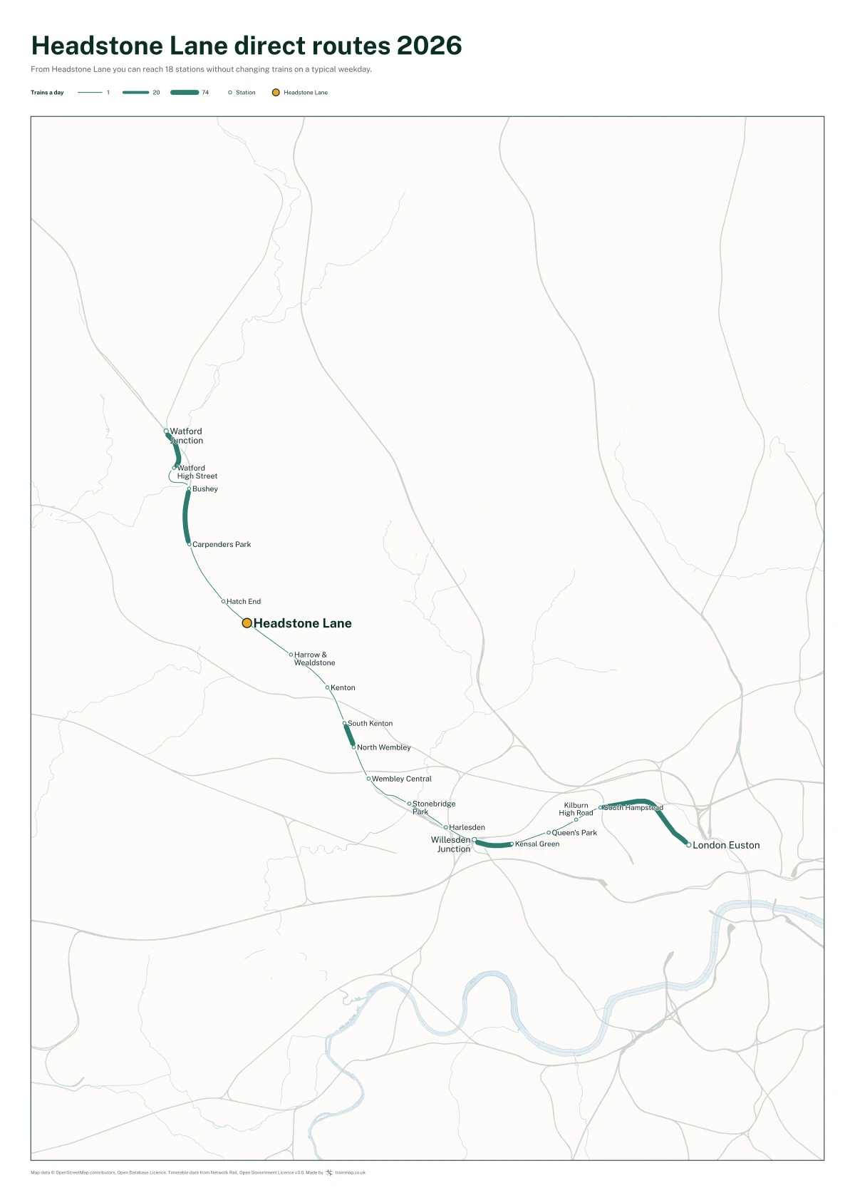 Headstone Lane direct routes 2026: a map of every station you can reach from Headstone Lane without changing trains, the lines thicker where more trains run