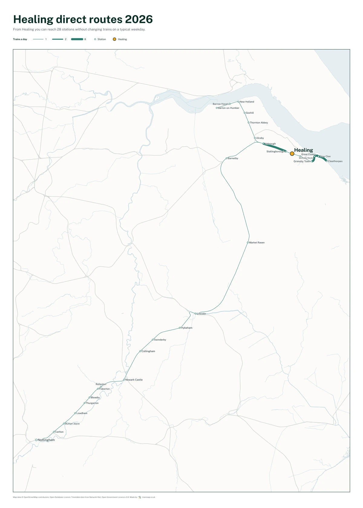 Healing direct routes 2026: a map of every station you can reach from Healing without changing trains, the lines thicker where more trains run