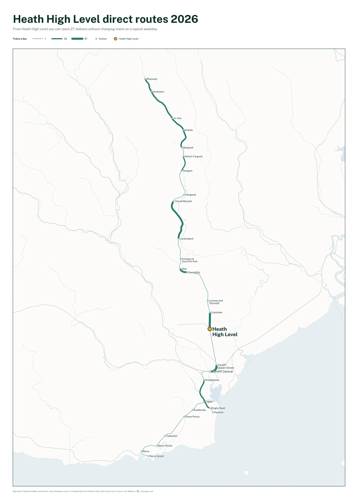 Heath High Level direct routes 2026: a map of every station you can reach from Heath High Level without changing trains, the lines thicker where more trains run