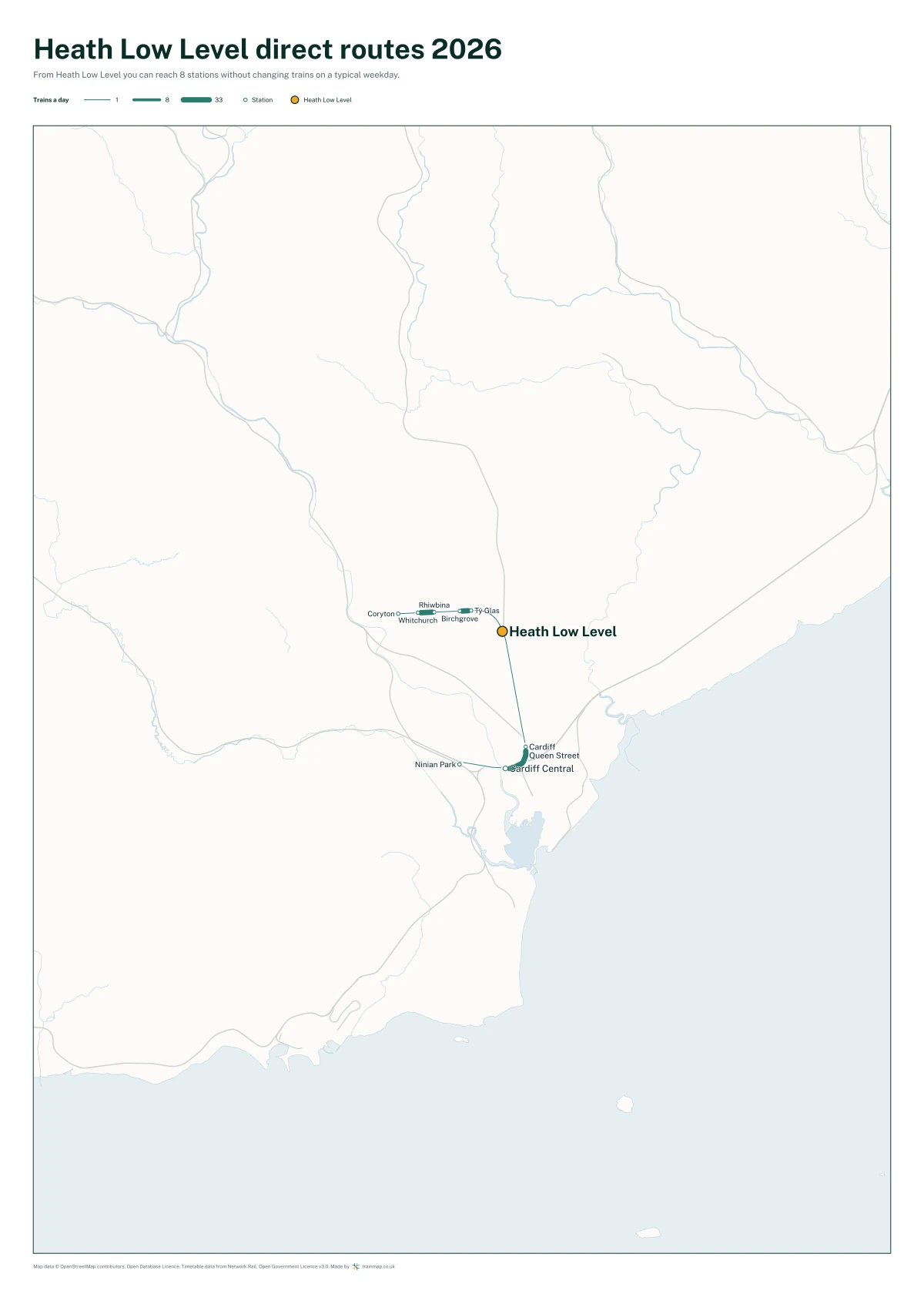 Heath Low Level direct routes 2026: a map of every station you can reach from Heath Low Level without changing trains, the lines thicker where more trains run
