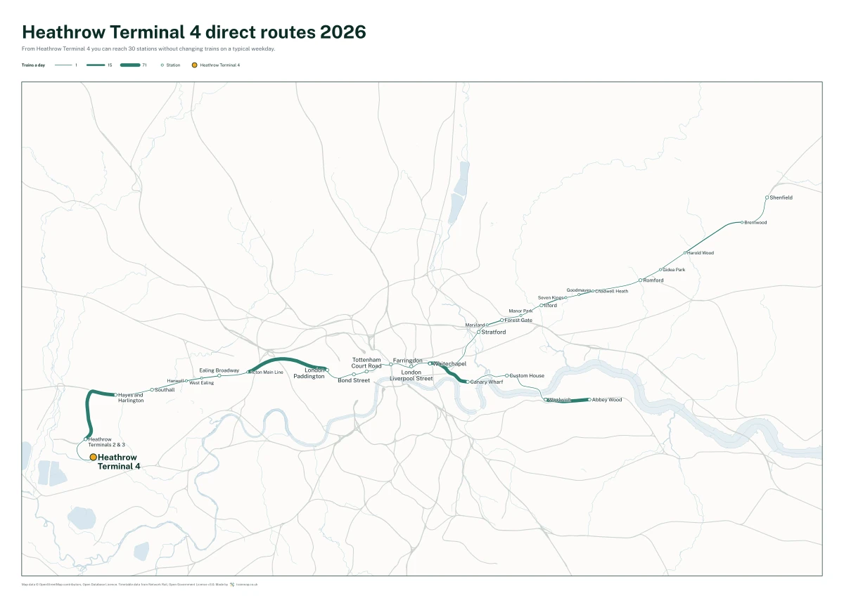 Heathrow Terminal 4 direct routes 2026: a map of every station you can reach from Heathrow Terminal 4 without changing trains, the lines thicker where more trains run
