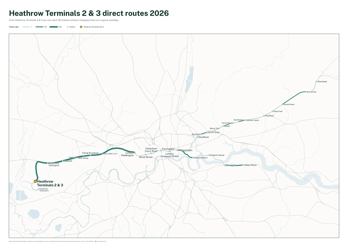 Heathrow Terminals 2 & 3 direct routes 2026: a map of every station you can reach from Heathrow Terminals 2 & 3 without changing trains, the lines thicker where more trains run