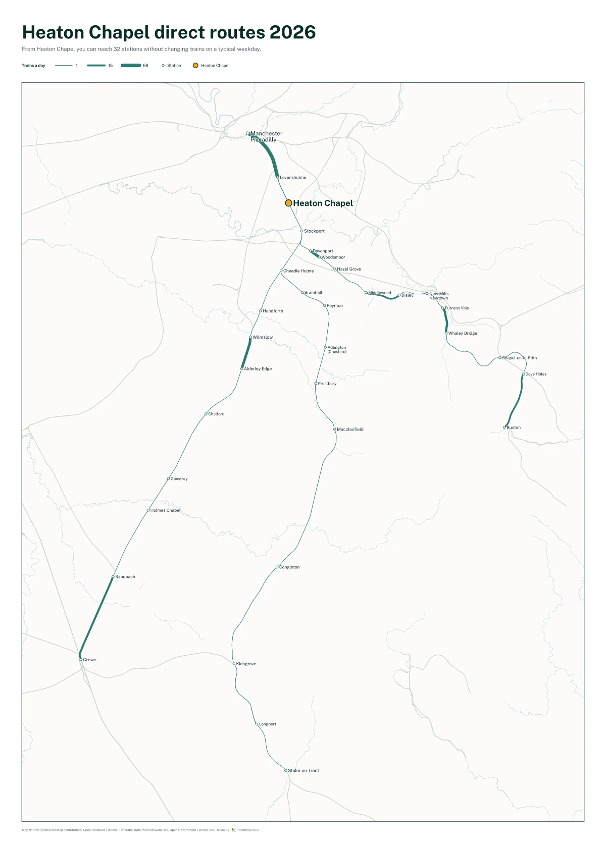 Heaton Chapel direct routes 2026: a map of every station you can reach from Heaton Chapel without changing trains, the lines thicker where more trains run