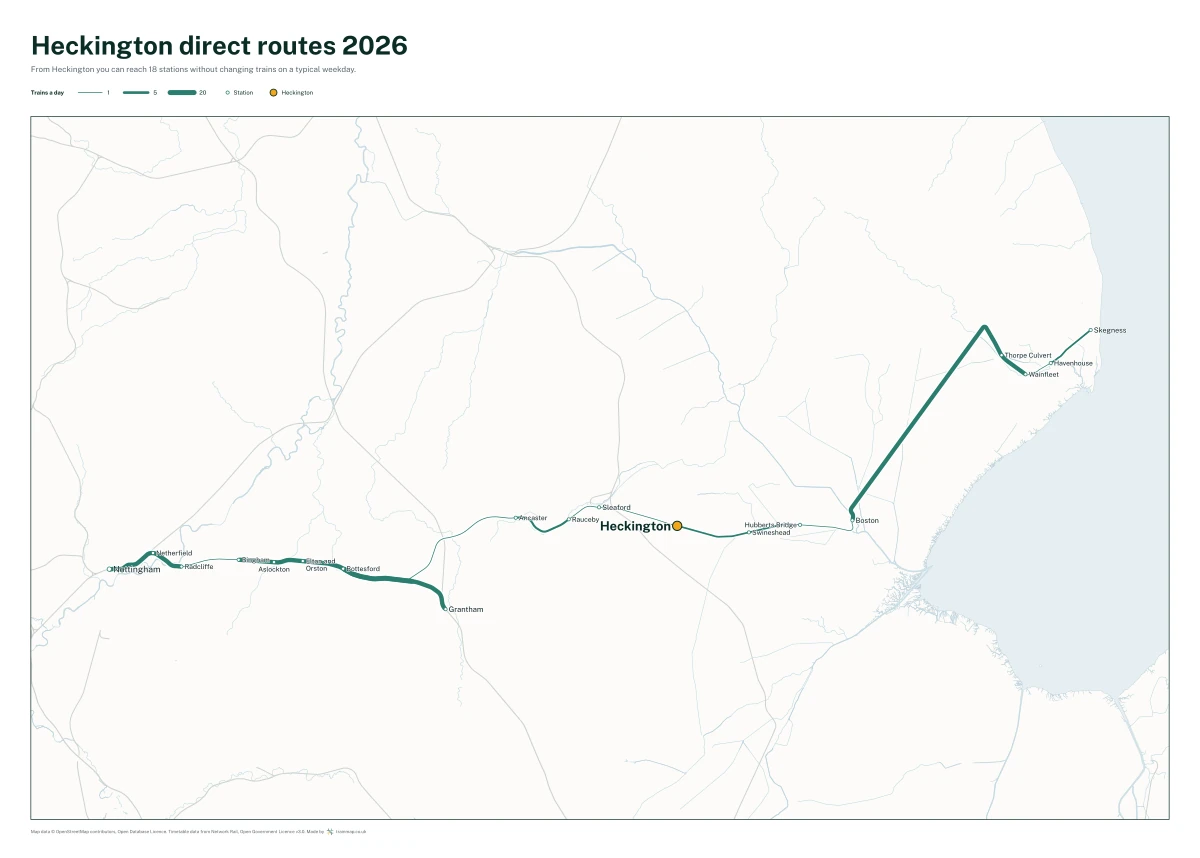 Heckington direct routes 2026: a map of every station you can reach from Heckington without changing trains, the lines thicker where more trains run
