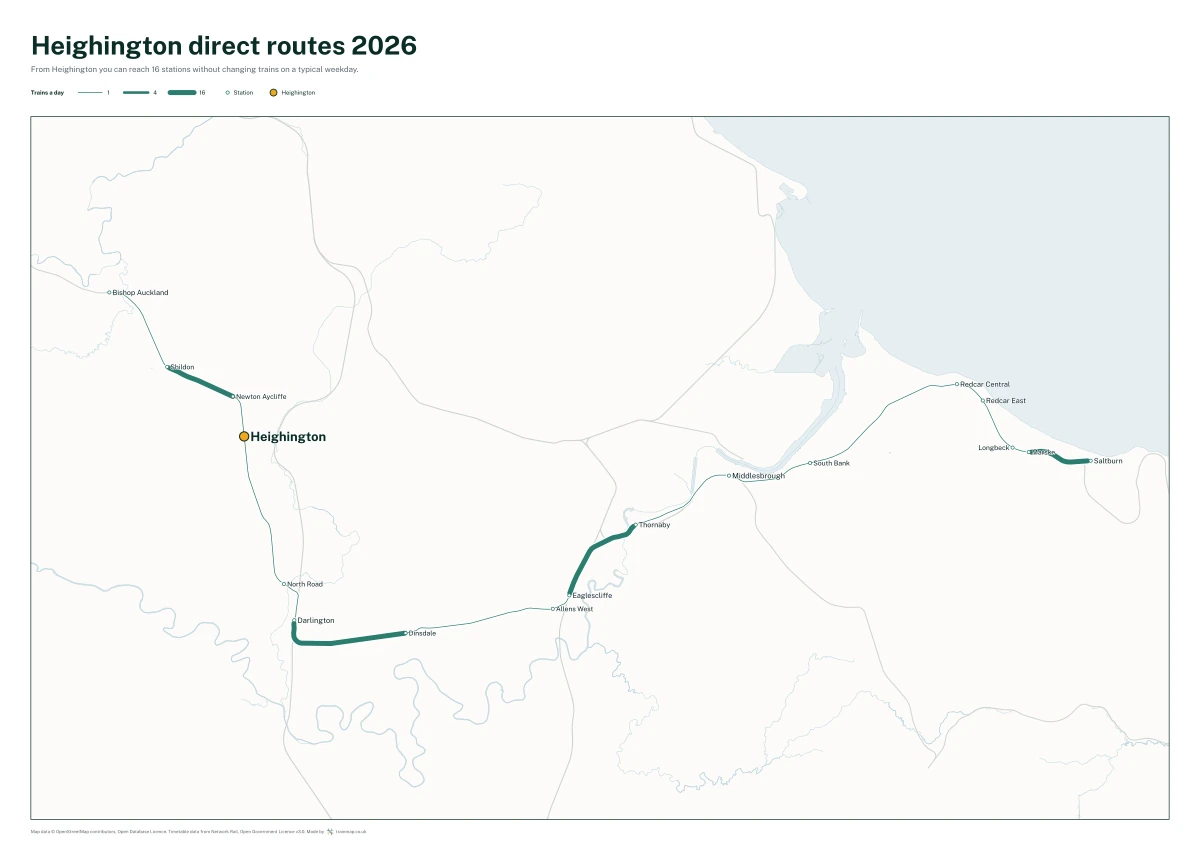 Heighington direct routes 2026: a map of every station you can reach from Heighington without changing trains, the lines thicker where more trains run
