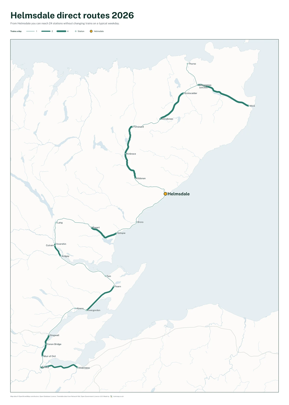 Helmsdale direct routes 2026: a map of every station you can reach from Helmsdale without changing trains, the lines thicker where more trains run