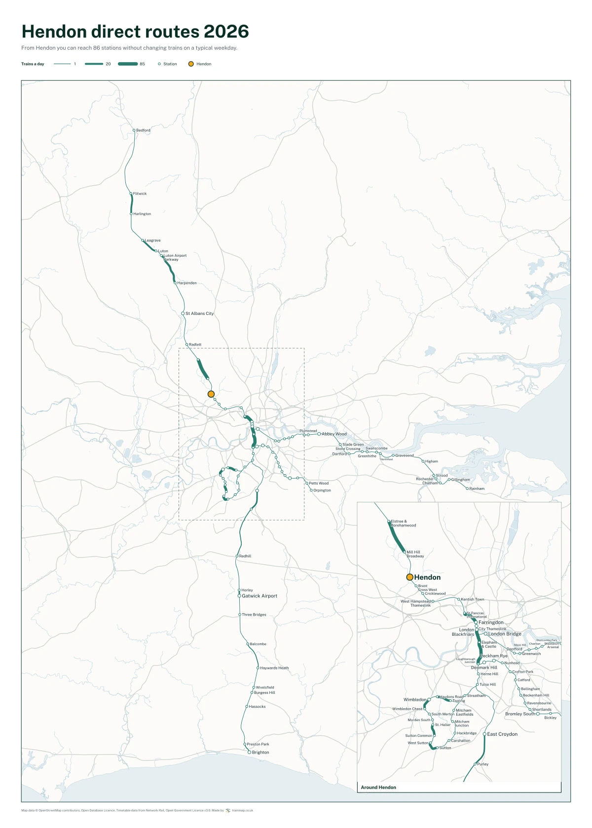 Hendon direct routes 2026: a map of every station you can reach from Hendon without changing trains, the lines thicker where more trains run