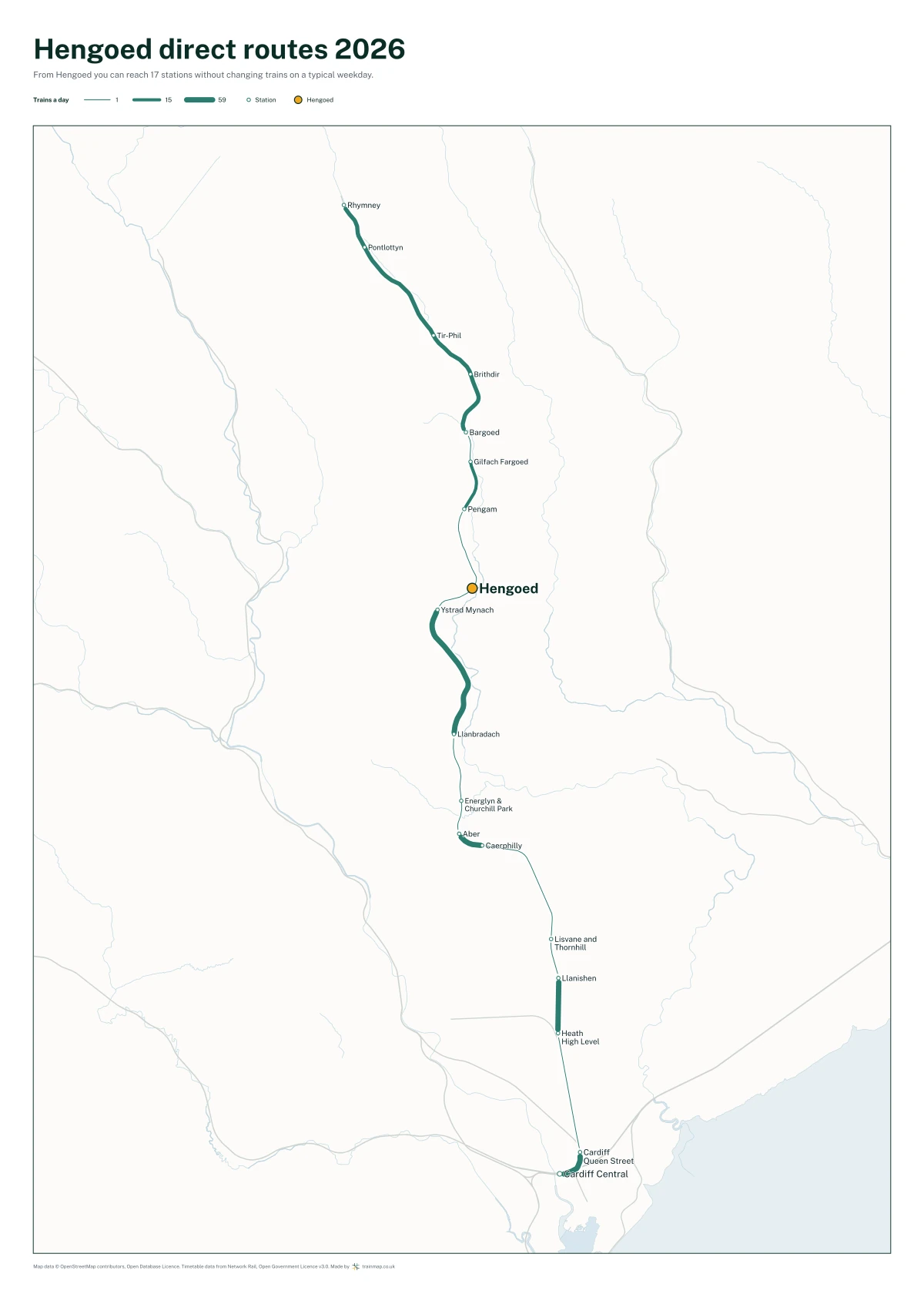 Hengoed direct routes 2026: a map of every station you can reach from Hengoed without changing trains, the lines thicker where more trains run