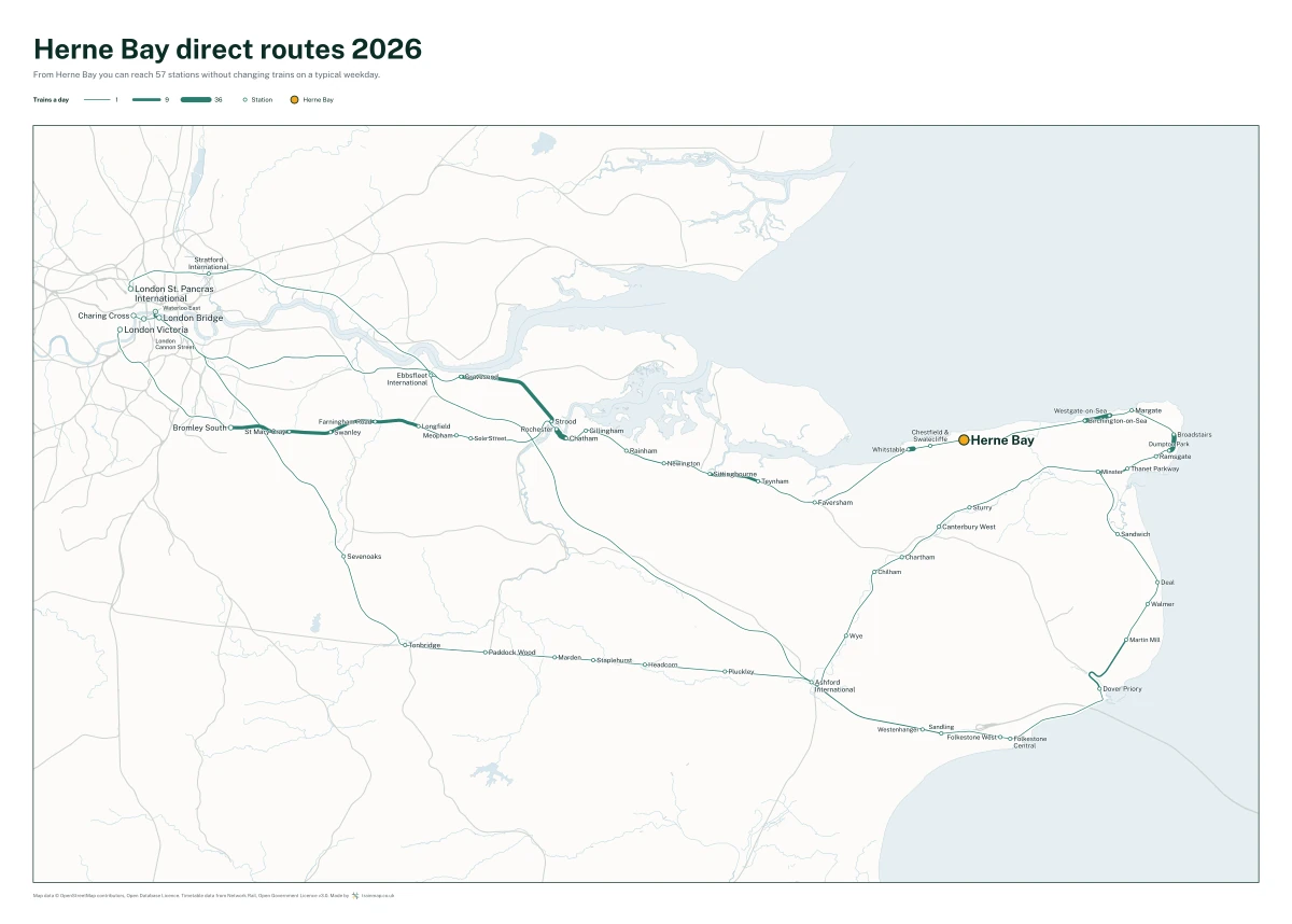 Herne Bay direct routes 2026: a map of every station you can reach from Herne Bay without changing trains, the lines thicker where more trains run