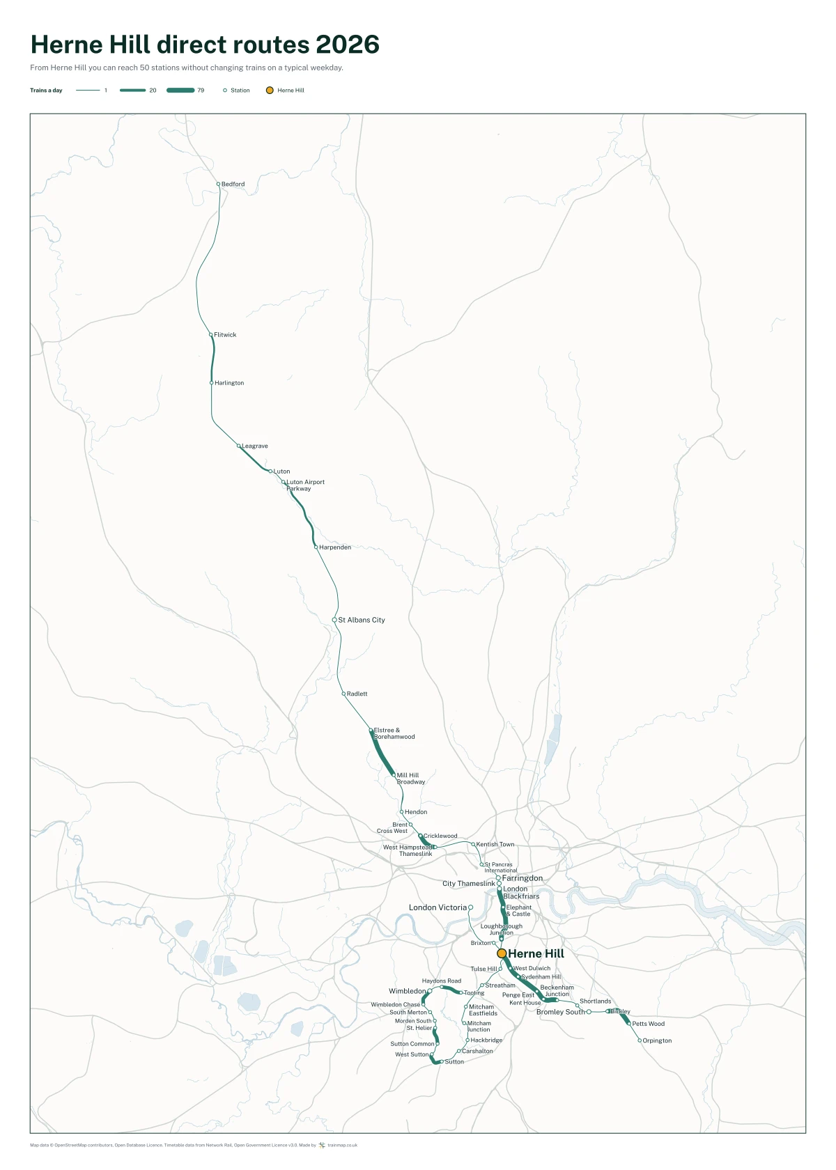 Herne Hill direct routes 2026: a map of every station you can reach from Herne Hill without changing trains, the lines thicker where more trains run