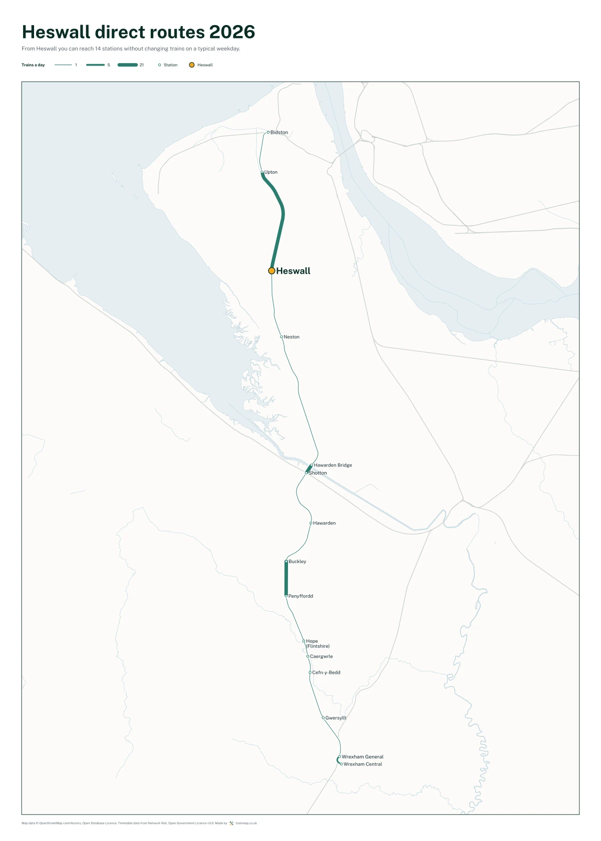 Heswall direct routes 2026: a map of every station you can reach from Heswall without changing trains, the lines thicker where more trains run