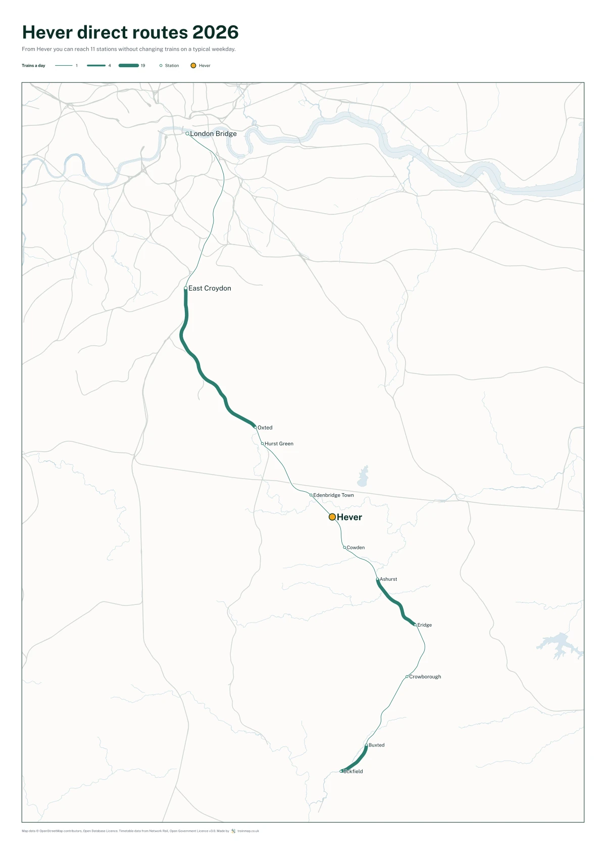 Hever direct routes 2026: a map of every station you can reach from Hever without changing trains, the lines thicker where more trains run