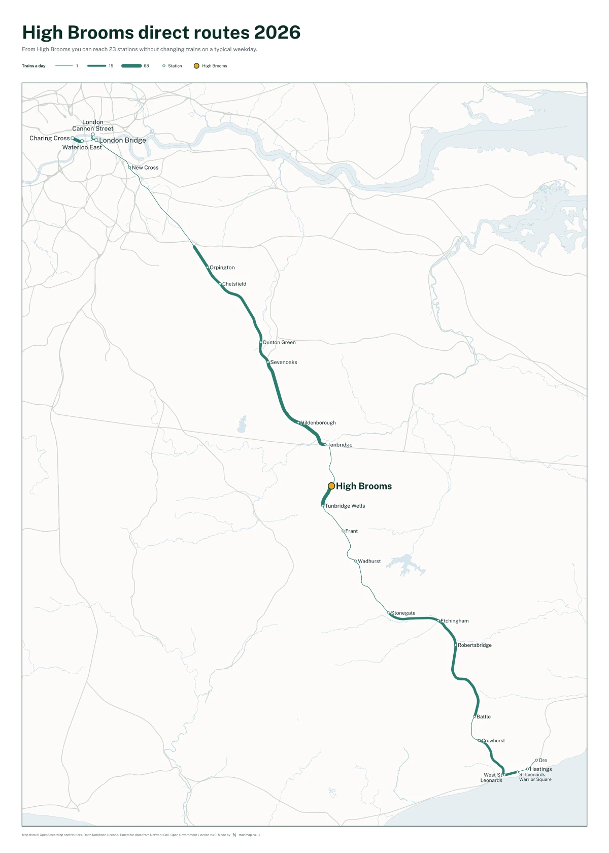 High Brooms direct routes 2026: a map of every station you can reach from High Brooms without changing trains, the lines thicker where more trains run