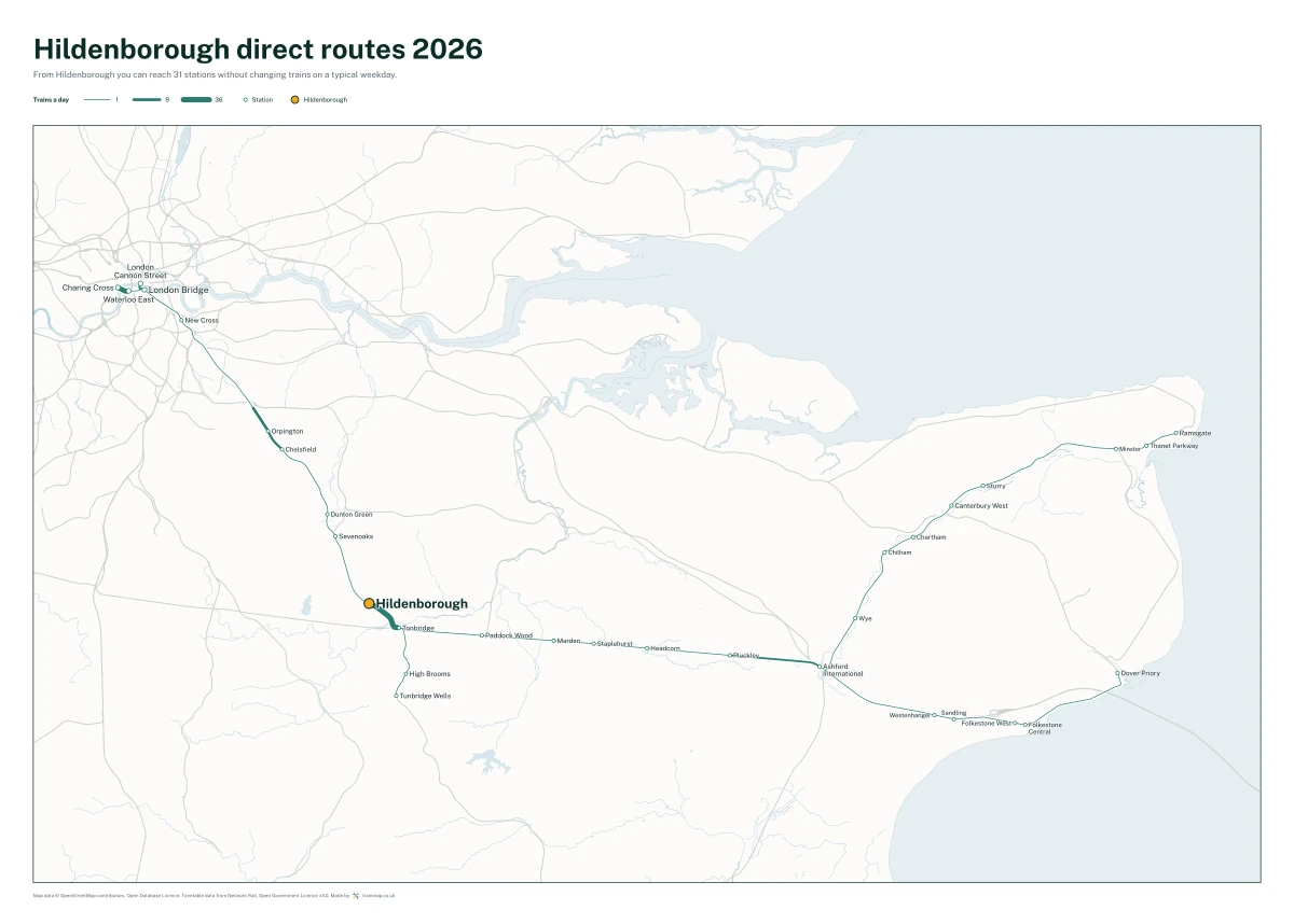 Hildenborough direct routes 2026: a map of every station you can reach from Hildenborough without changing trains, the lines thicker where more trains run