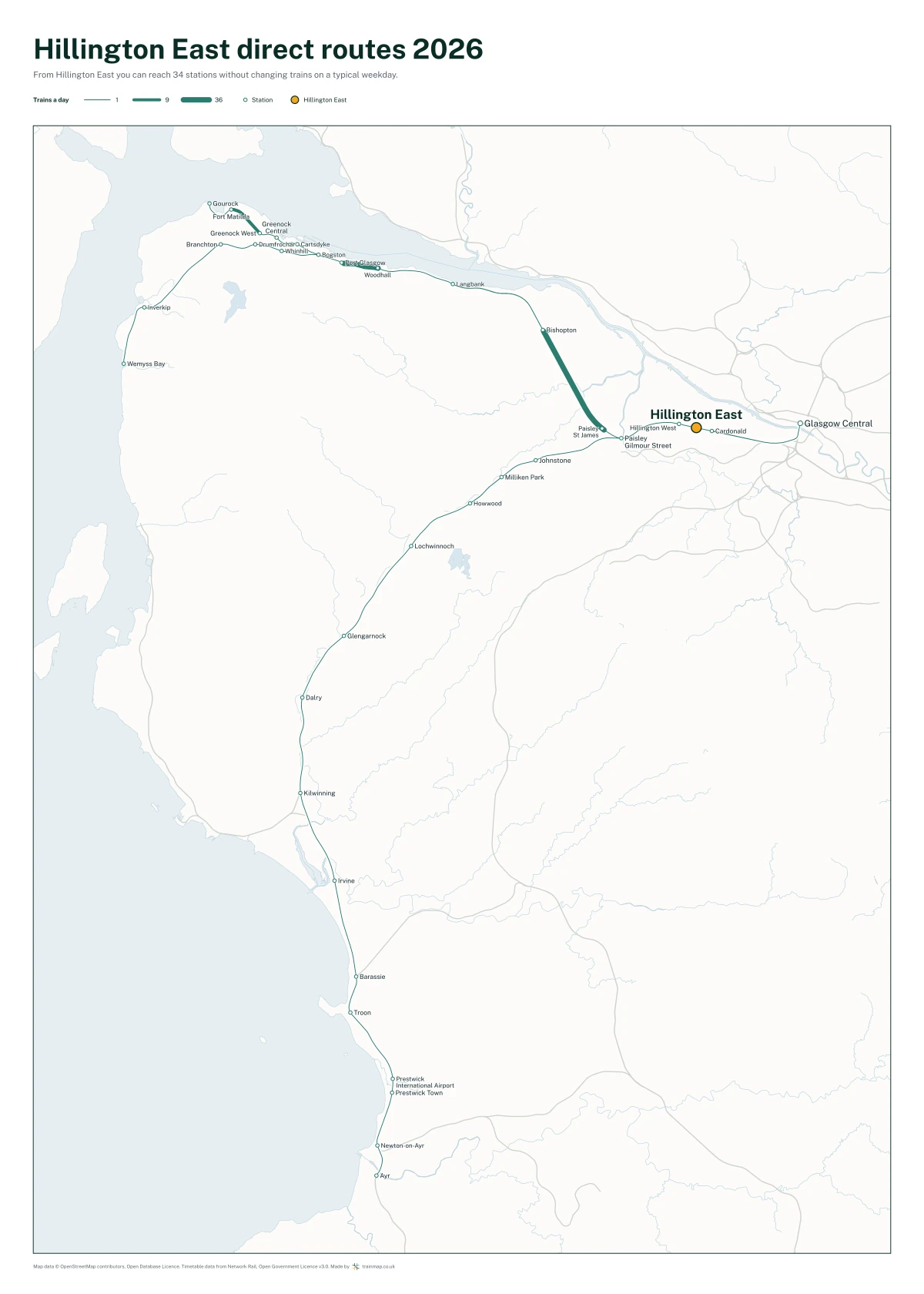 Hillington East direct routes 2026: a map of every station you can reach from Hillington East without changing trains, the lines thicker where more trains run