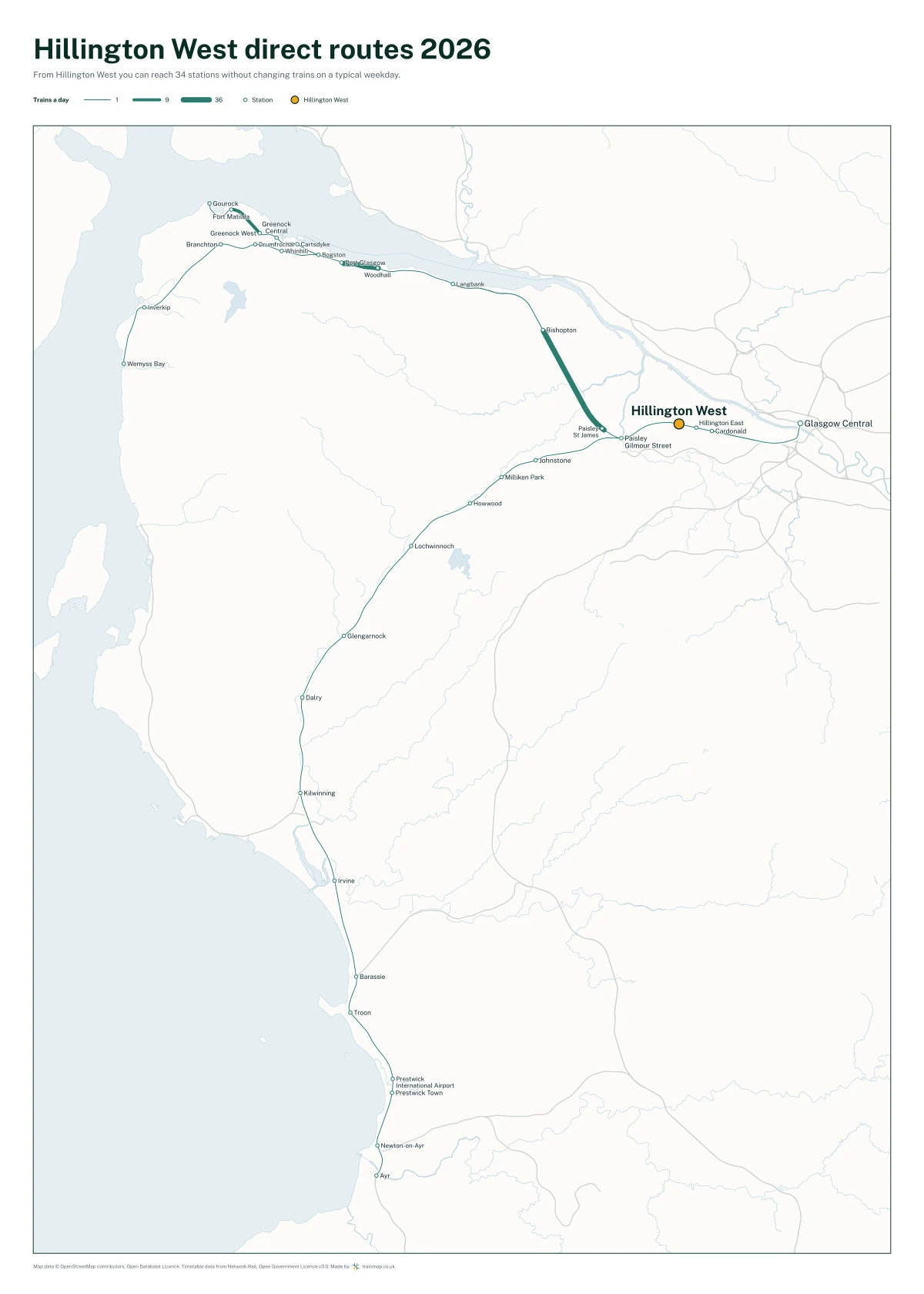 Hillington West direct routes 2026: a map of every station you can reach from Hillington West without changing trains, the lines thicker where more trains run