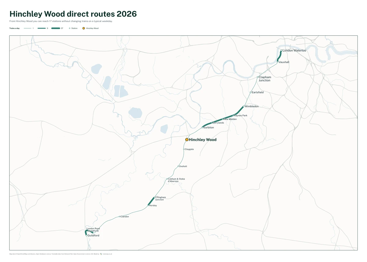 Hinchley Wood direct routes 2026: a map of every station you can reach from Hinchley Wood without changing trains, the lines thicker where more trains run