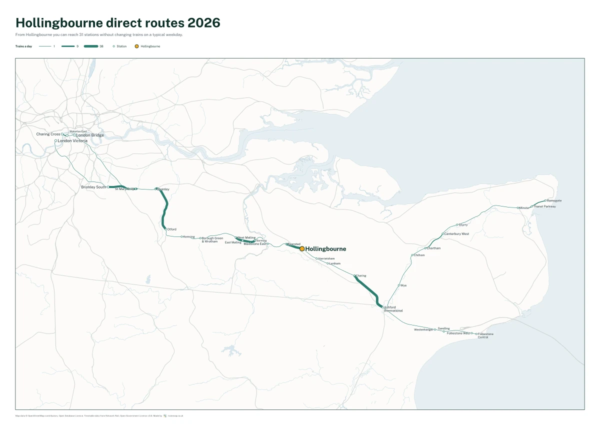 Hollingbourne direct routes 2026: a map of every station you can reach from Hollingbourne without changing trains, the lines thicker where more trains run