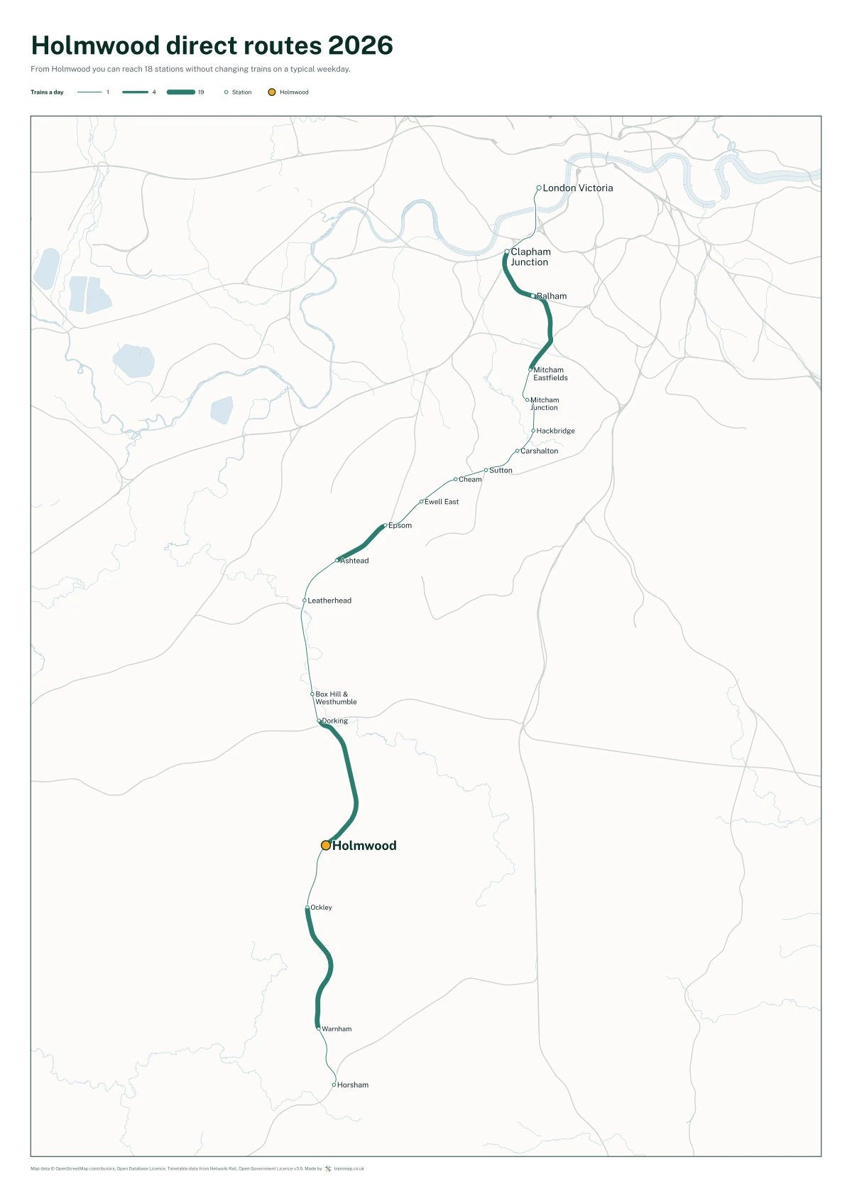 Holmwood direct routes 2026: a map of every station you can reach from Holmwood without changing trains, the lines thicker where more trains run