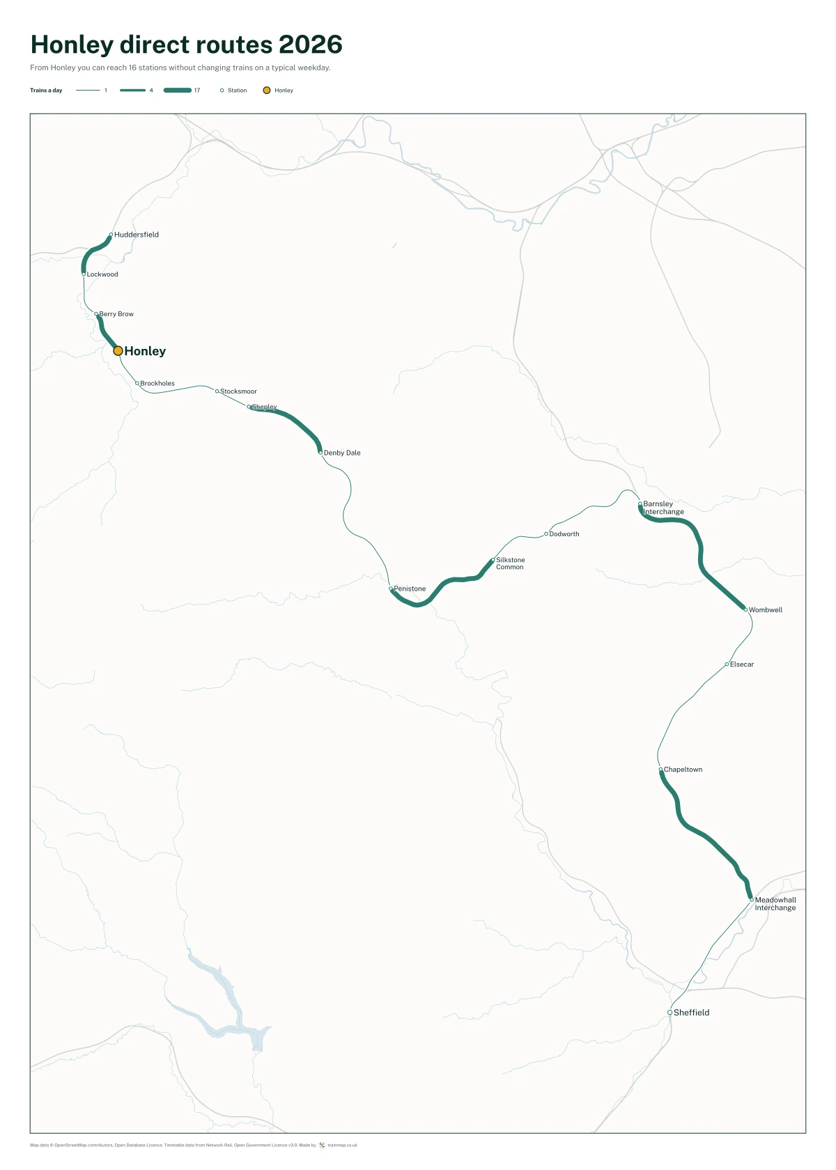 Honley direct routes 2026: a map of every station you can reach from Honley without changing trains, the lines thicker where more trains run
