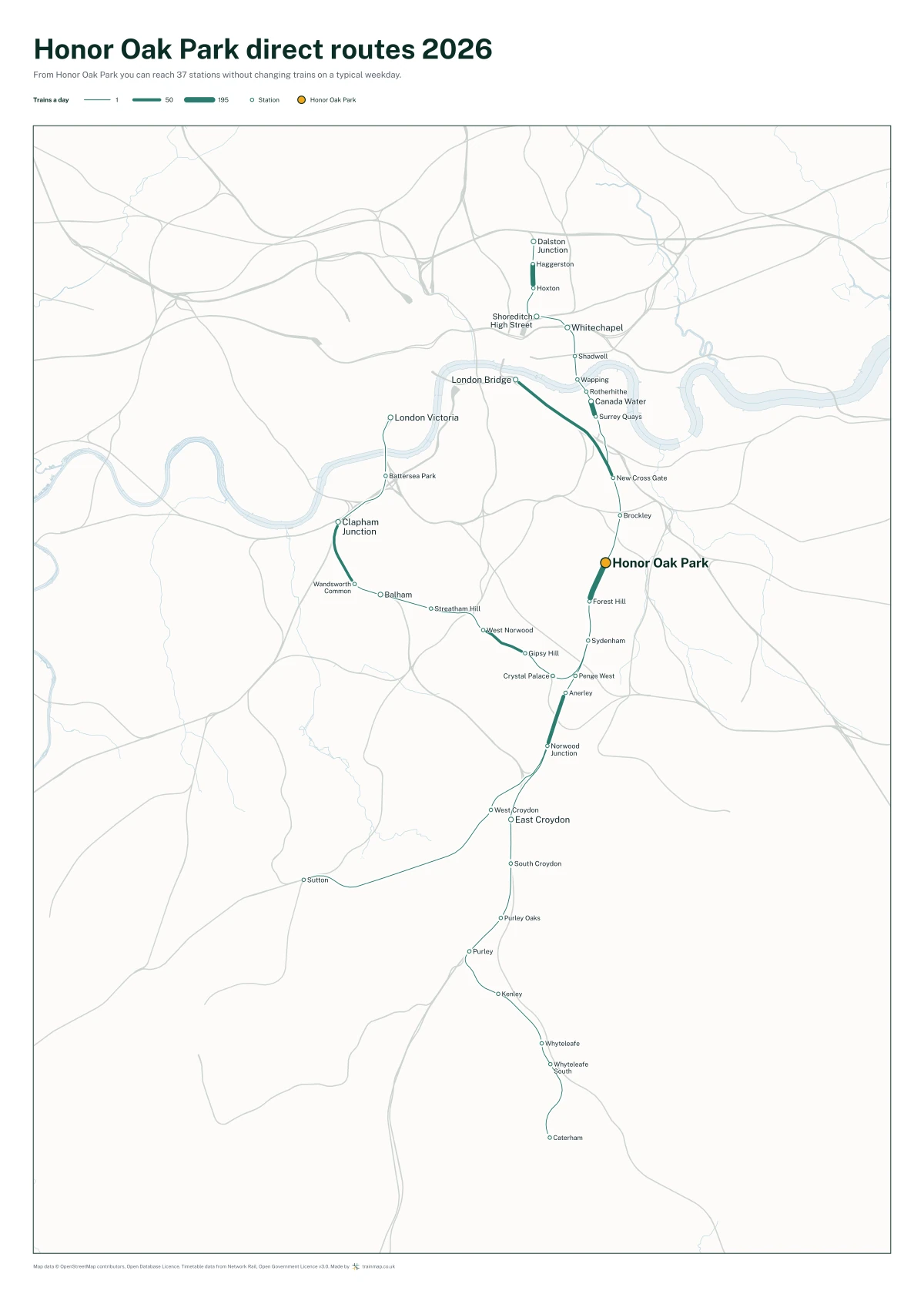 Honor Oak Park direct routes 2026: a map of every station you can reach from Honor Oak Park without changing trains, the lines thicker where more trains run