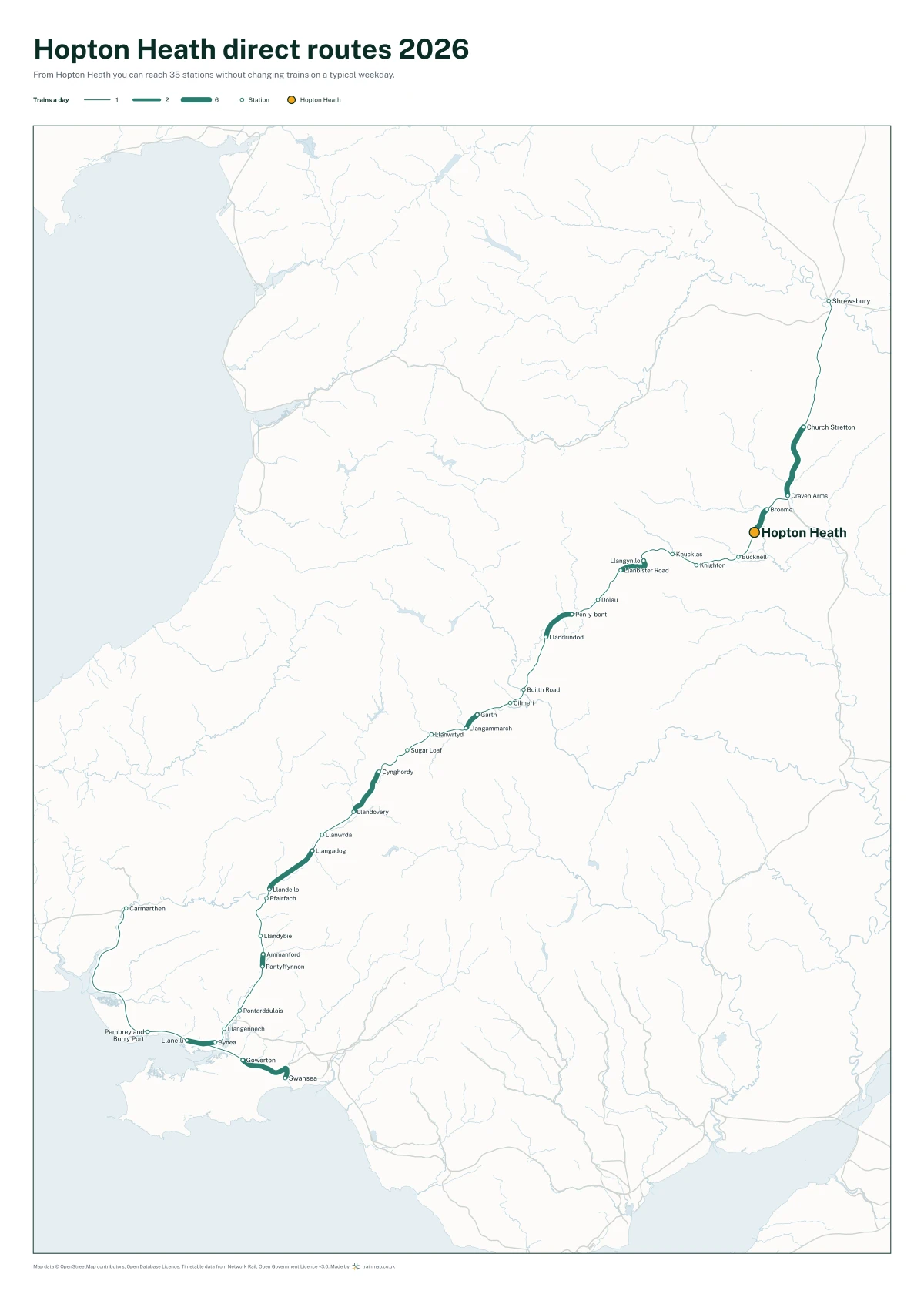 Hopton Heath direct routes 2026: a map of every station you can reach from Hopton Heath without changing trains, the lines thicker where more trains run