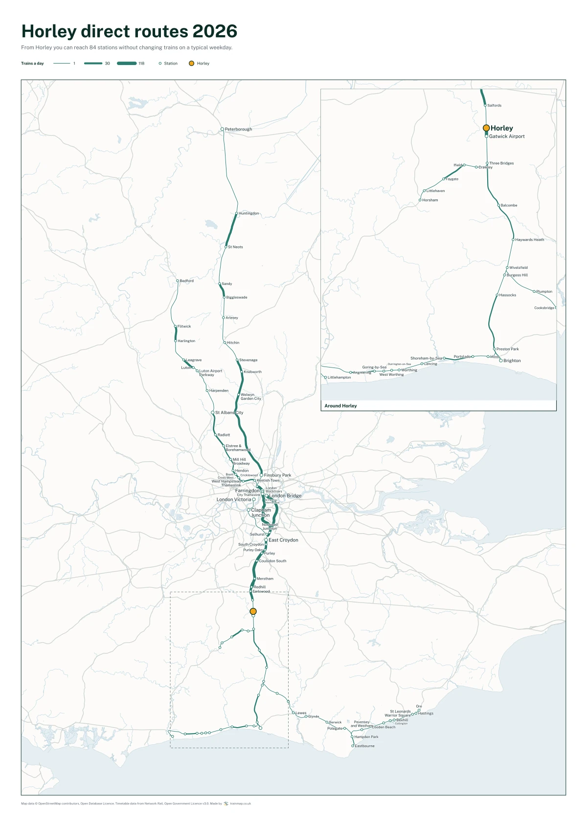 Horley direct routes 2026: a map of every station you can reach from Horley without changing trains, the lines thicker where more trains run